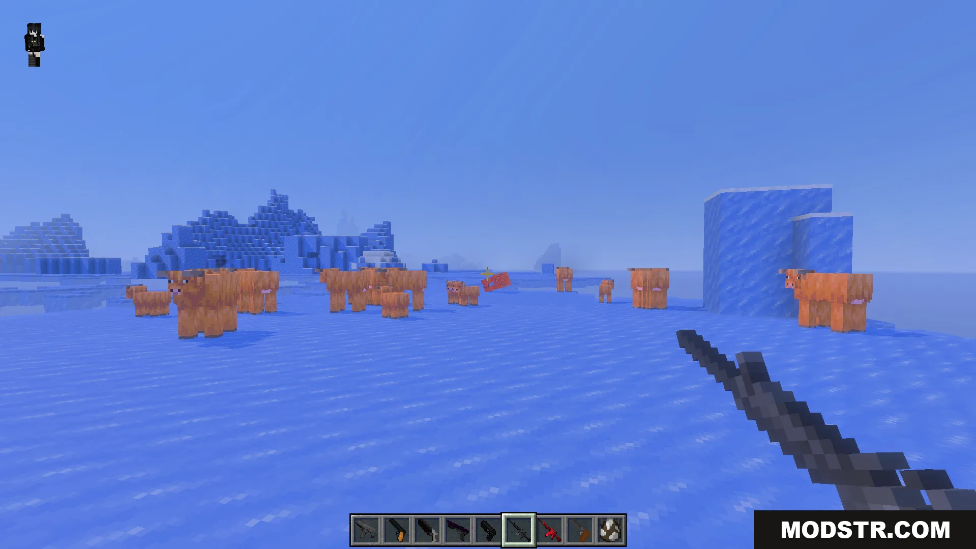 More Gun Classic Addon Screenshot 4 Player holding a gun aiming at a herd of cows on ice