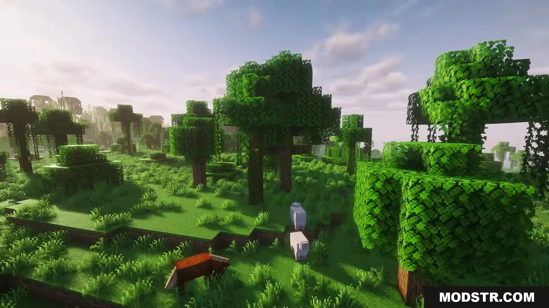 More Tree Sizes Mod Screenshot 1 Giant oak trees tower over a fox and sheep in a sunny forest