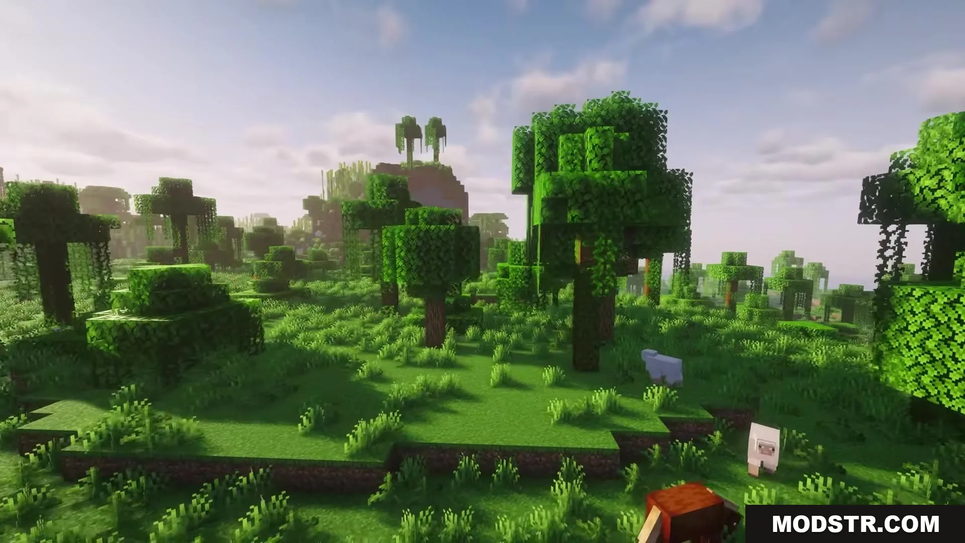 More Tree Sizes Mod Screenshot 2 A fox and sheep wander through a forest filled with massive oak trees