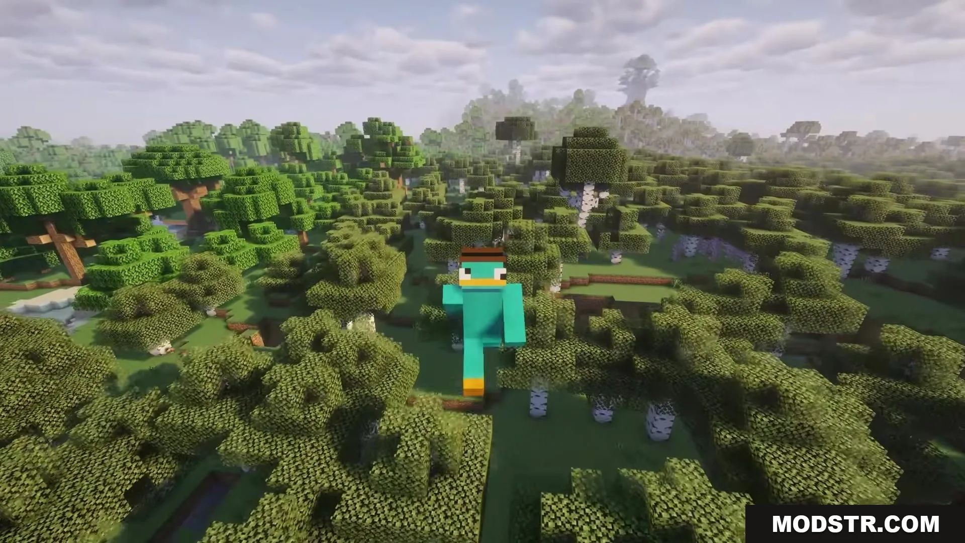 More Tree Sizes Mod Screenshot 4 A player wearing a Perry the Platypus skin flies over a dense forest