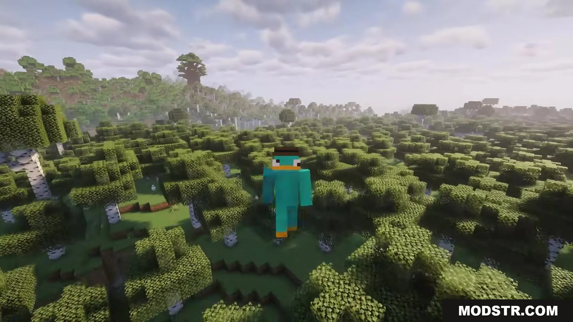 More Tree Sizes Mod Screenshot 6 A platypus character jumps through a forest featuring a massive tree in the background
