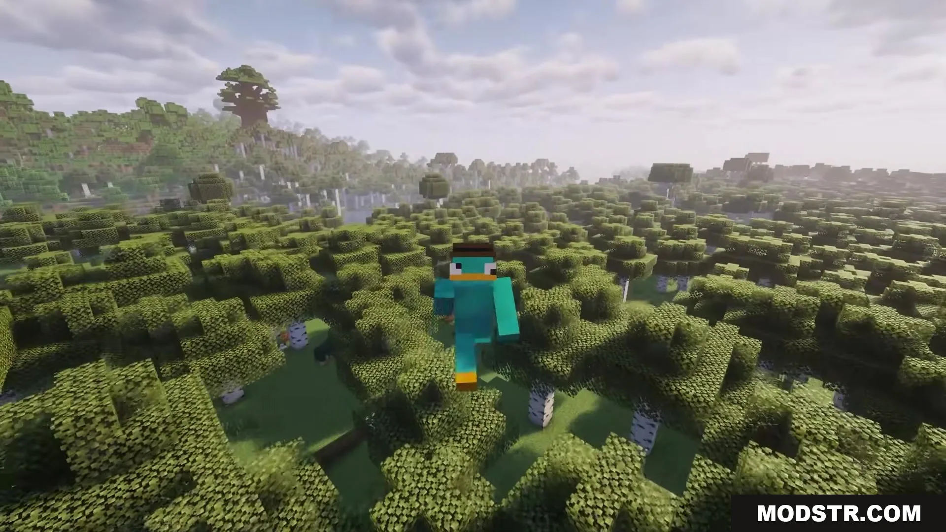 More Tree Sizes Mod Screenshot 7 Player in a platypus skin flying above a forest of giant trees