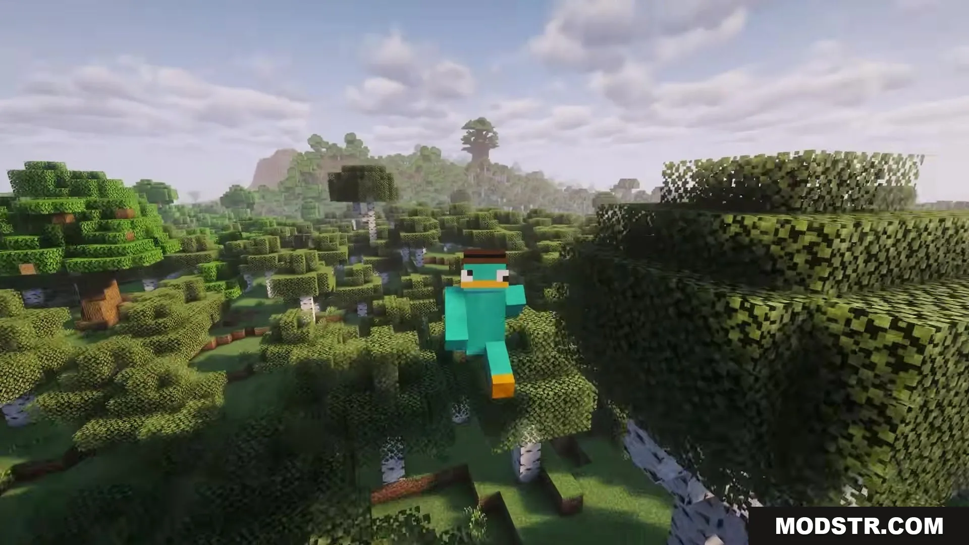 More Tree Sizes Mod Screenshot 5 Player wearing a platypus skin jumping over a forest with a giant tree