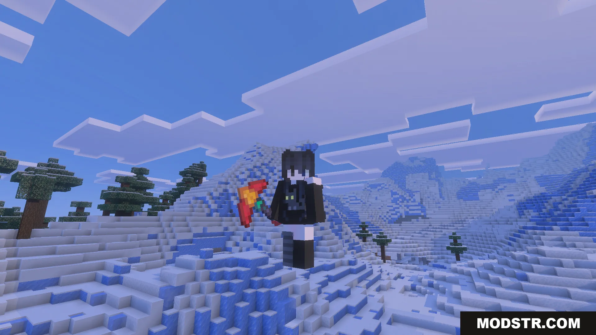 More Vanilla Tools Complete Addon Screenshot 4 Player character holding a red pickaxe in a snowy winter landscape
