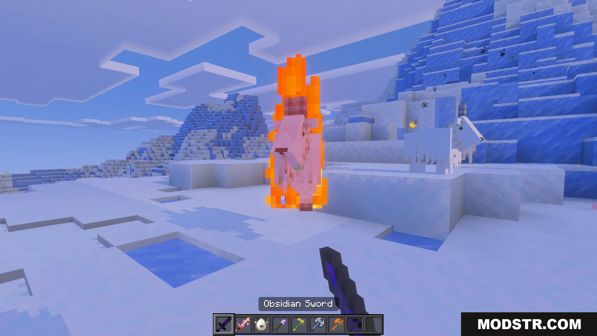 More Vanilla Tools Complete Addon Screenshot 10 Player holding an obsidian sword while a mob burns in a snowy biome