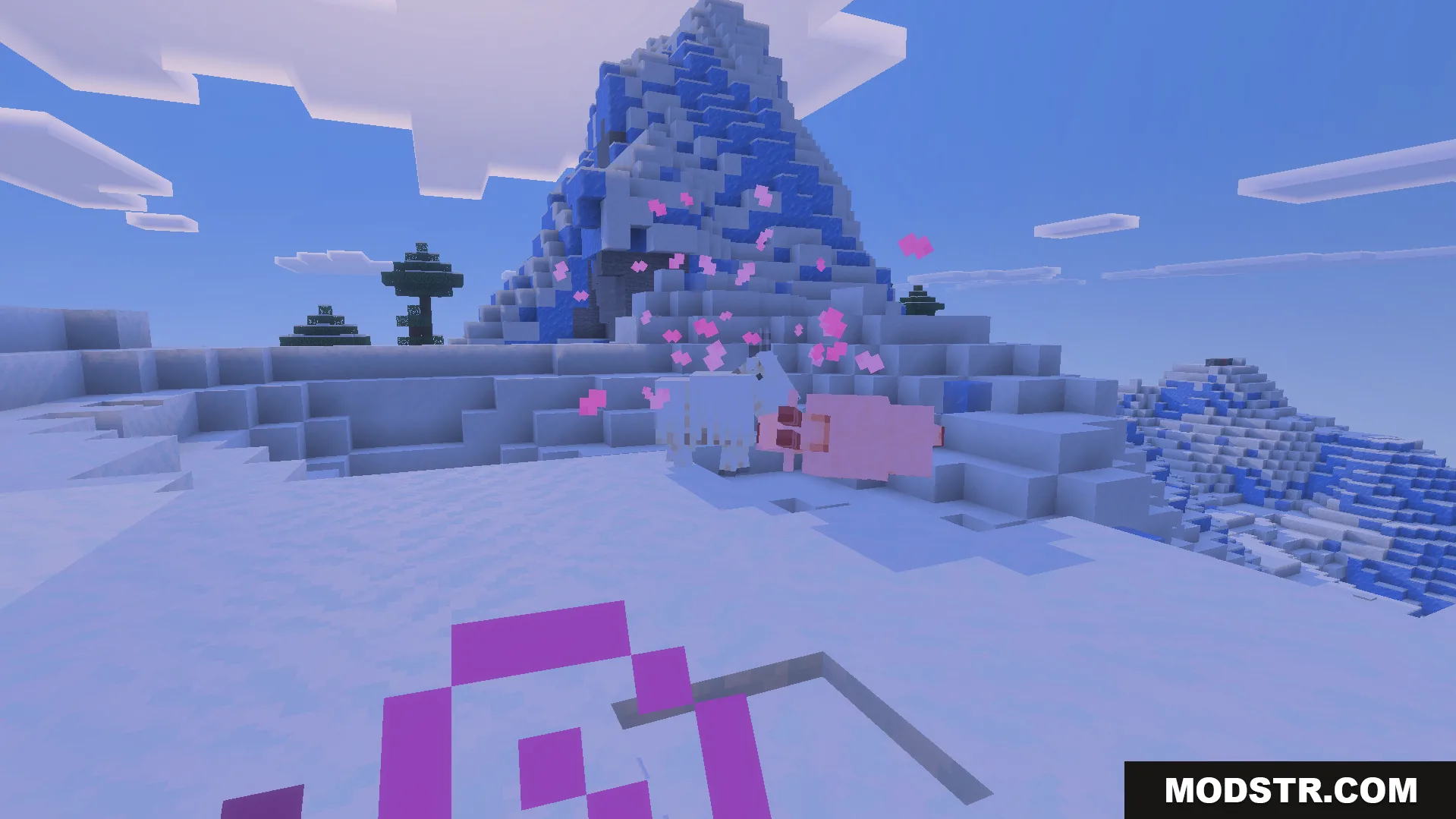 More Vanilla Tools Complete Addon Screenshot 8 Two mobs interact with pink heart particles in a snowy mountain biome