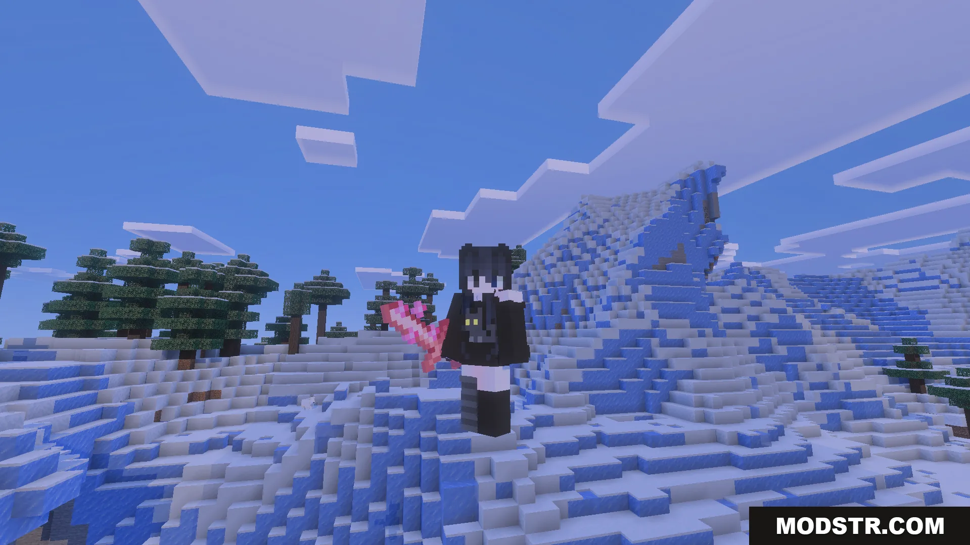 More Vanilla Tools Complete Addon Screenshot 3 Minecraft player holding a pink cherry sword in a snowy mountain biome