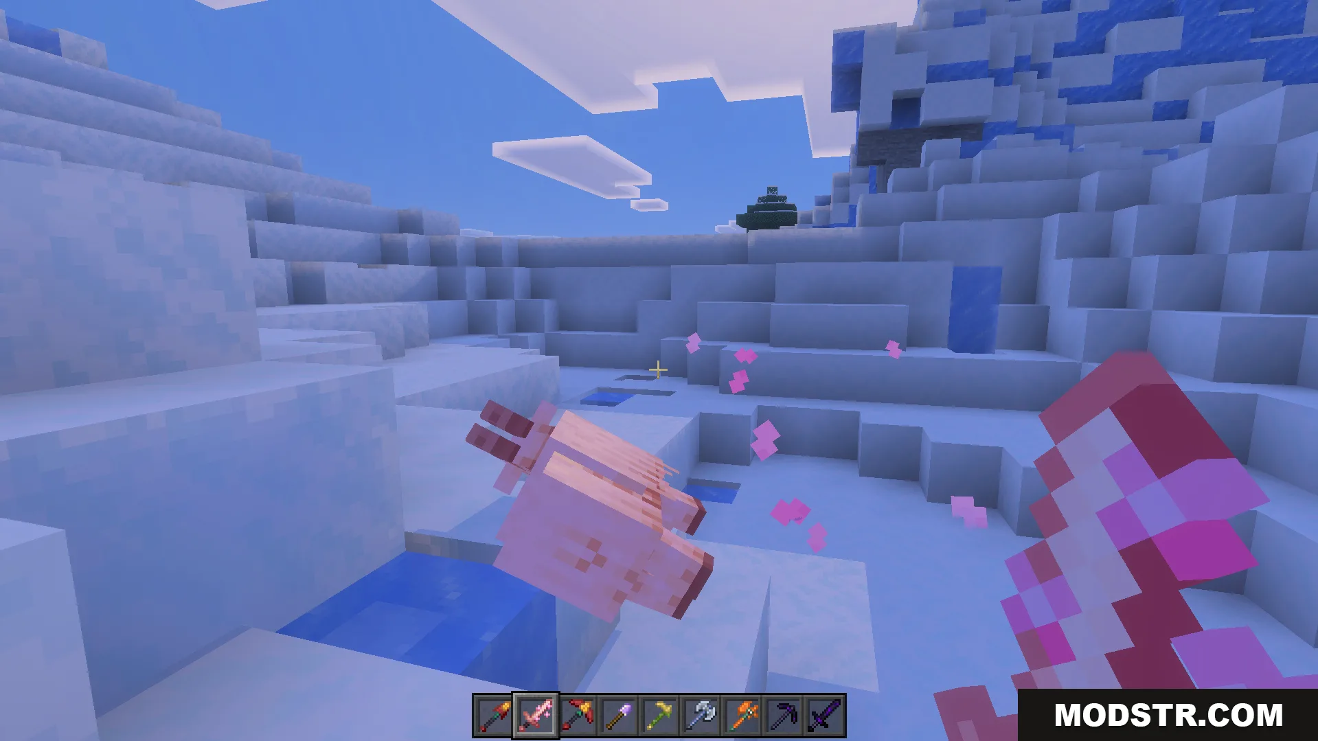 More Vanilla Tools Complete Addon Screenshot 9 More Vanilla Tools Complete Addon features a magical amethyst sword in snowy terrain