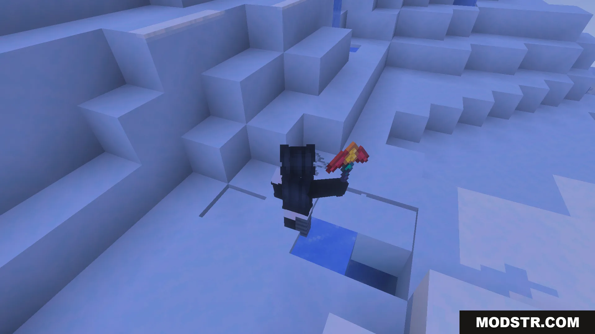 More Vanilla Tools Complete Addon Screenshot 6 Player character holding a custom pickaxe while exploring a snowy ice biome