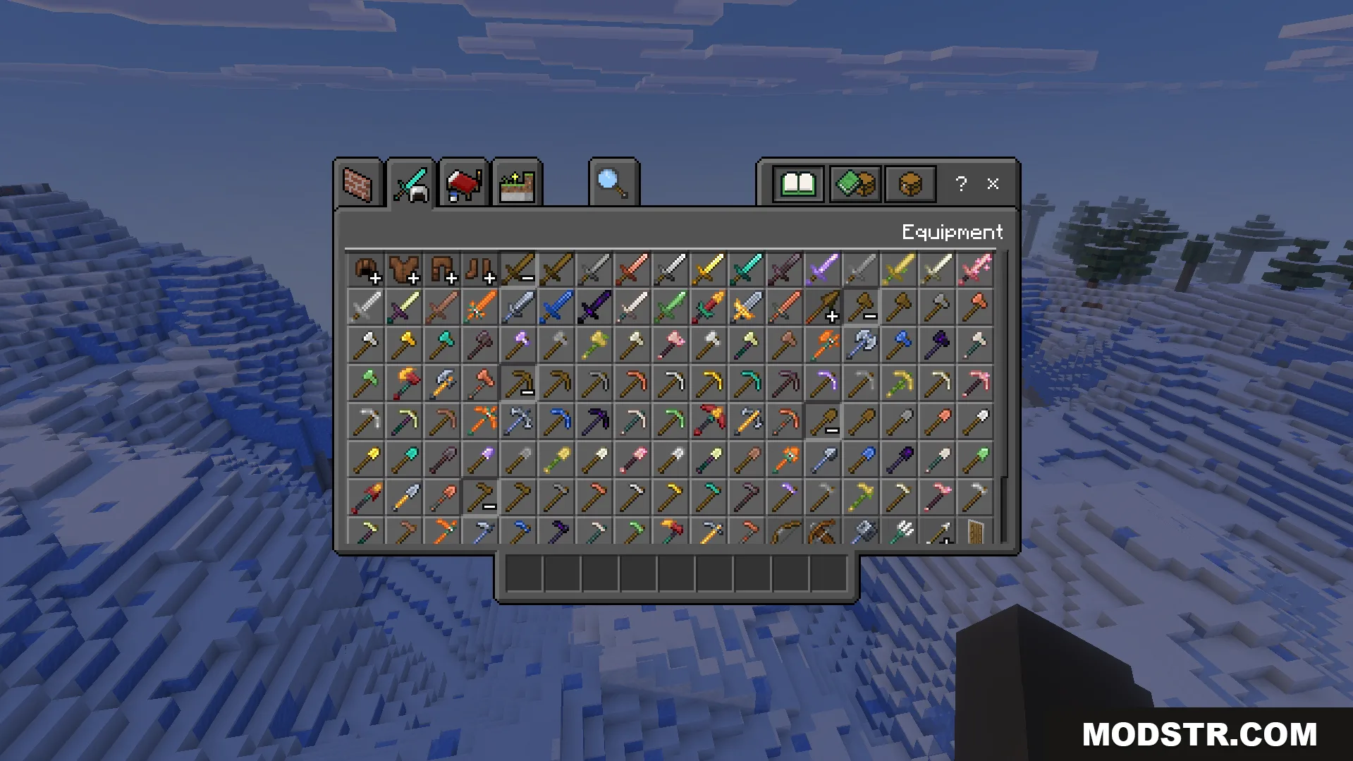 More Vanilla Tools Complete Addon Screenshot 2 Creative inventory equipment tab showing many new tools made from vanilla materials