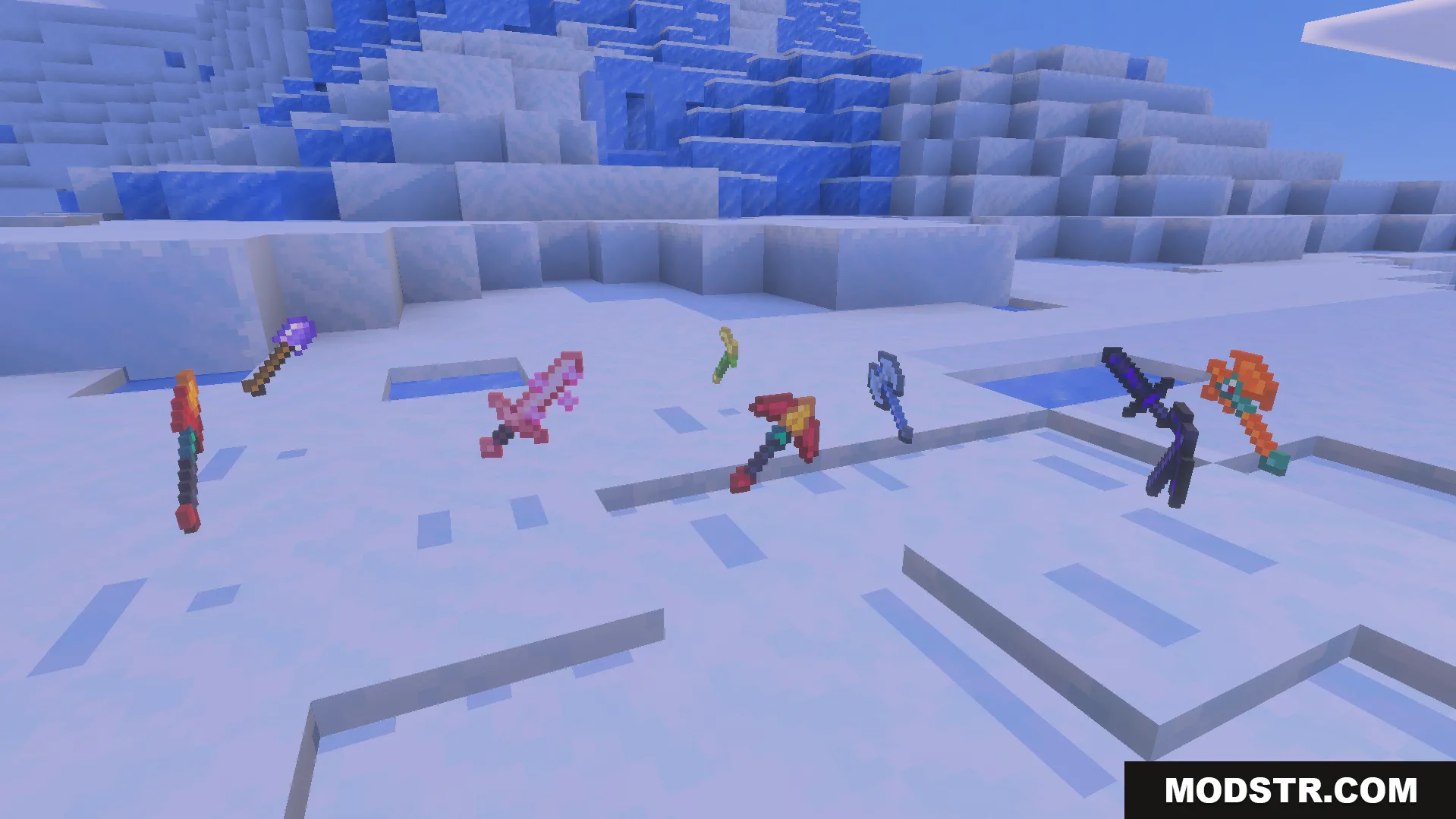 More Vanilla Tools Complete Addon Screenshot 5 More Vanilla Tools Complete Addon features various colorful items on snowy ground
