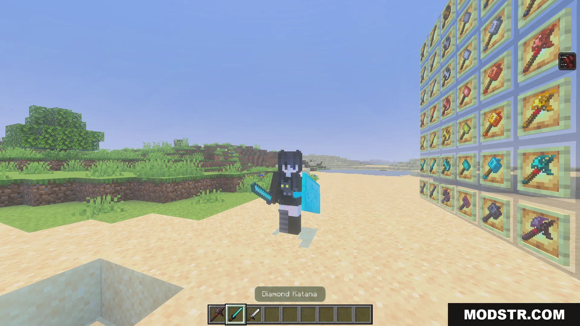 More Vanilla Weapons Complete Addon Screenshot 4 Player holding a diamond katana near a large display wall of custom weapons