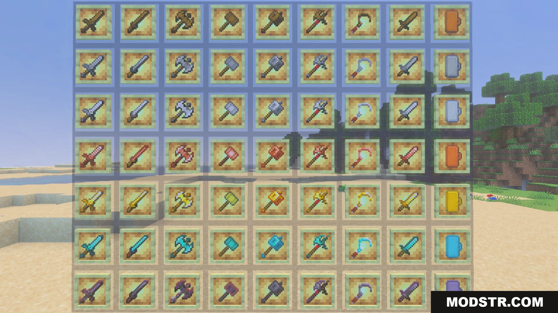 More Vanilla Weapons Complete Addon Screenshot 2 Grid of item frames displaying new weapon types in various material tiers