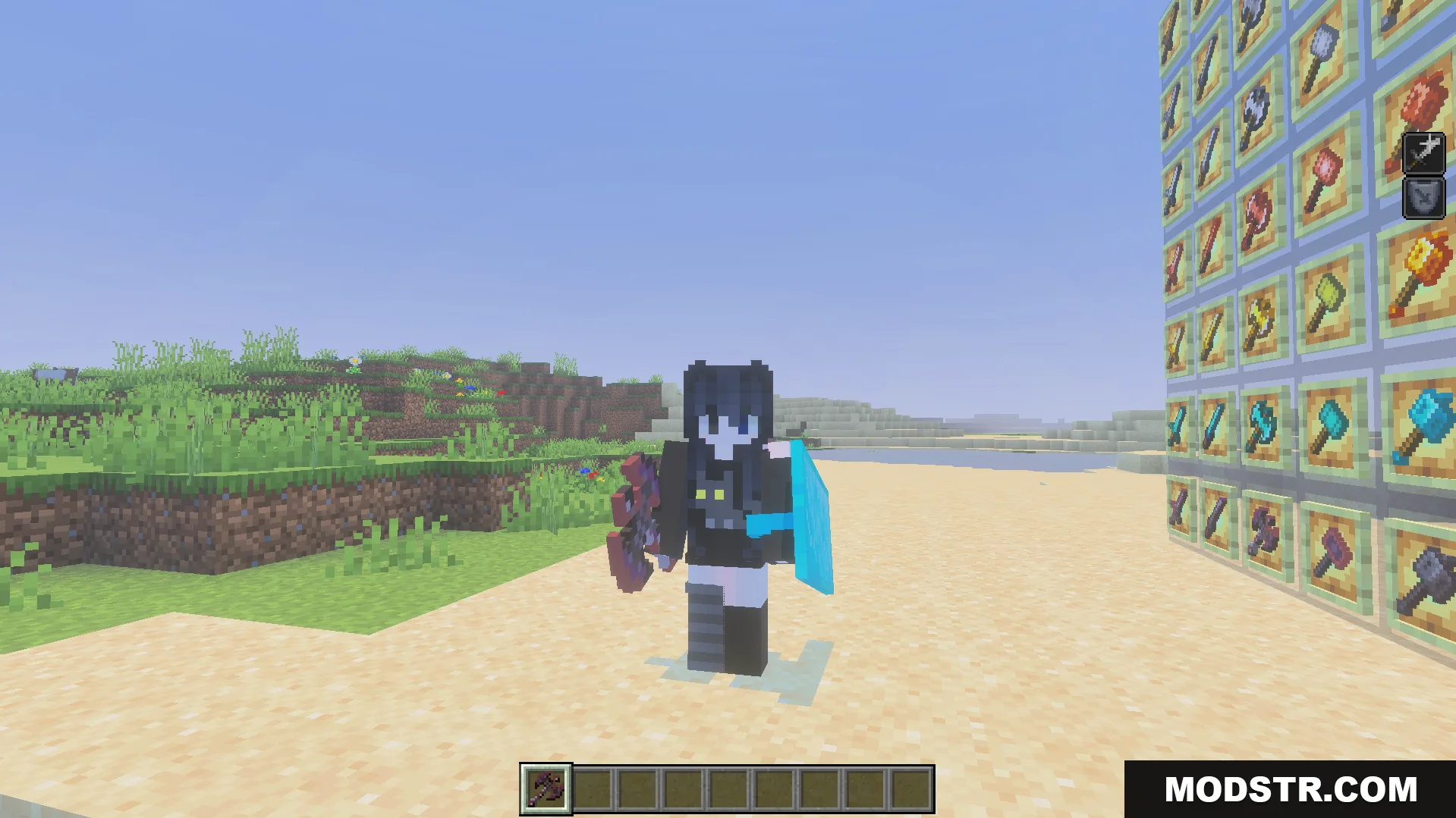 More Vanilla Weapons Complete Addon Screenshot 6 player holding large battle axe and shield standing next to new weapon wall