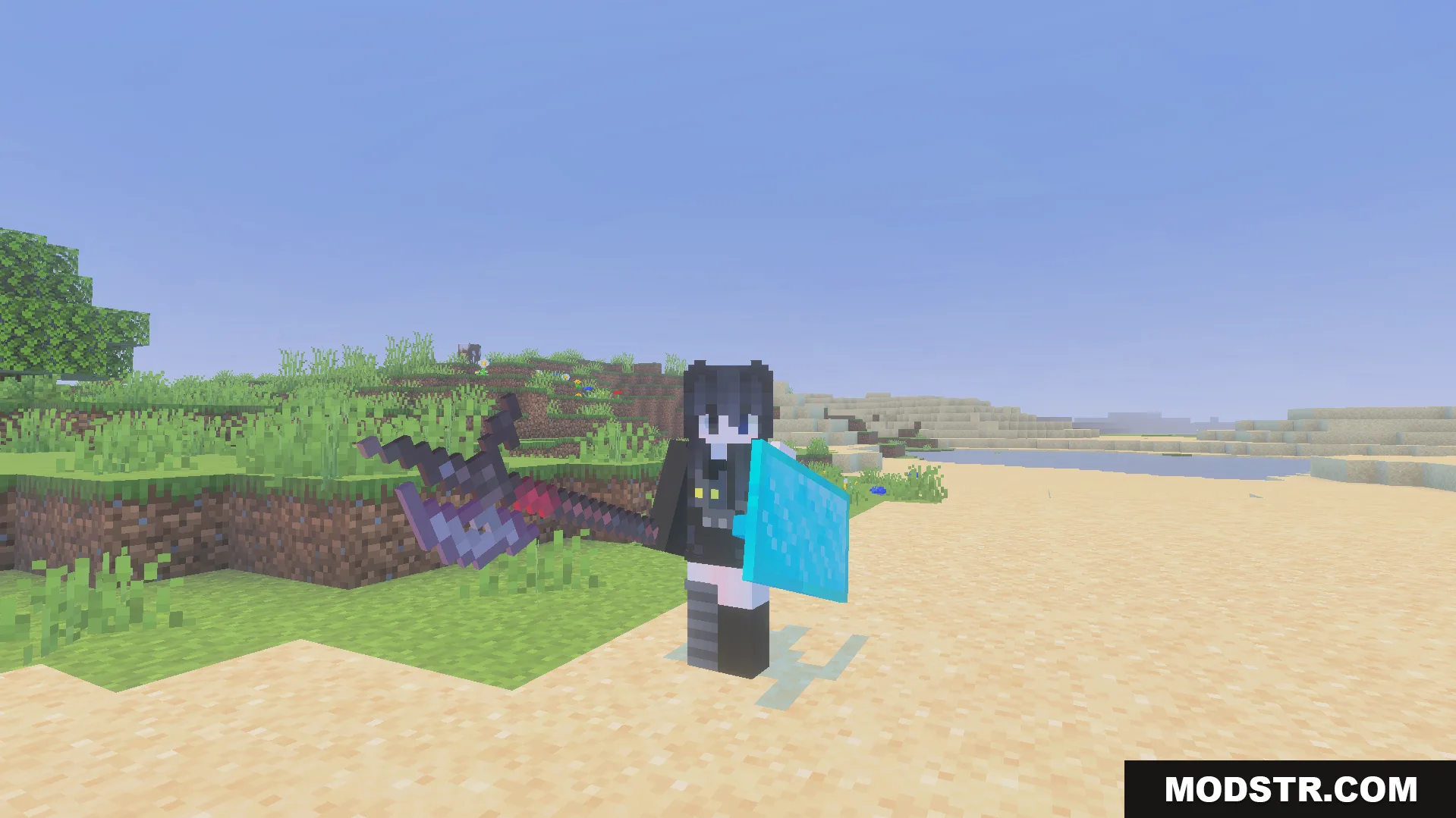 More Vanilla Weapons Complete Addon Screenshot 3 Minecraft player character wielding a large custom battle axe and a diamond shield