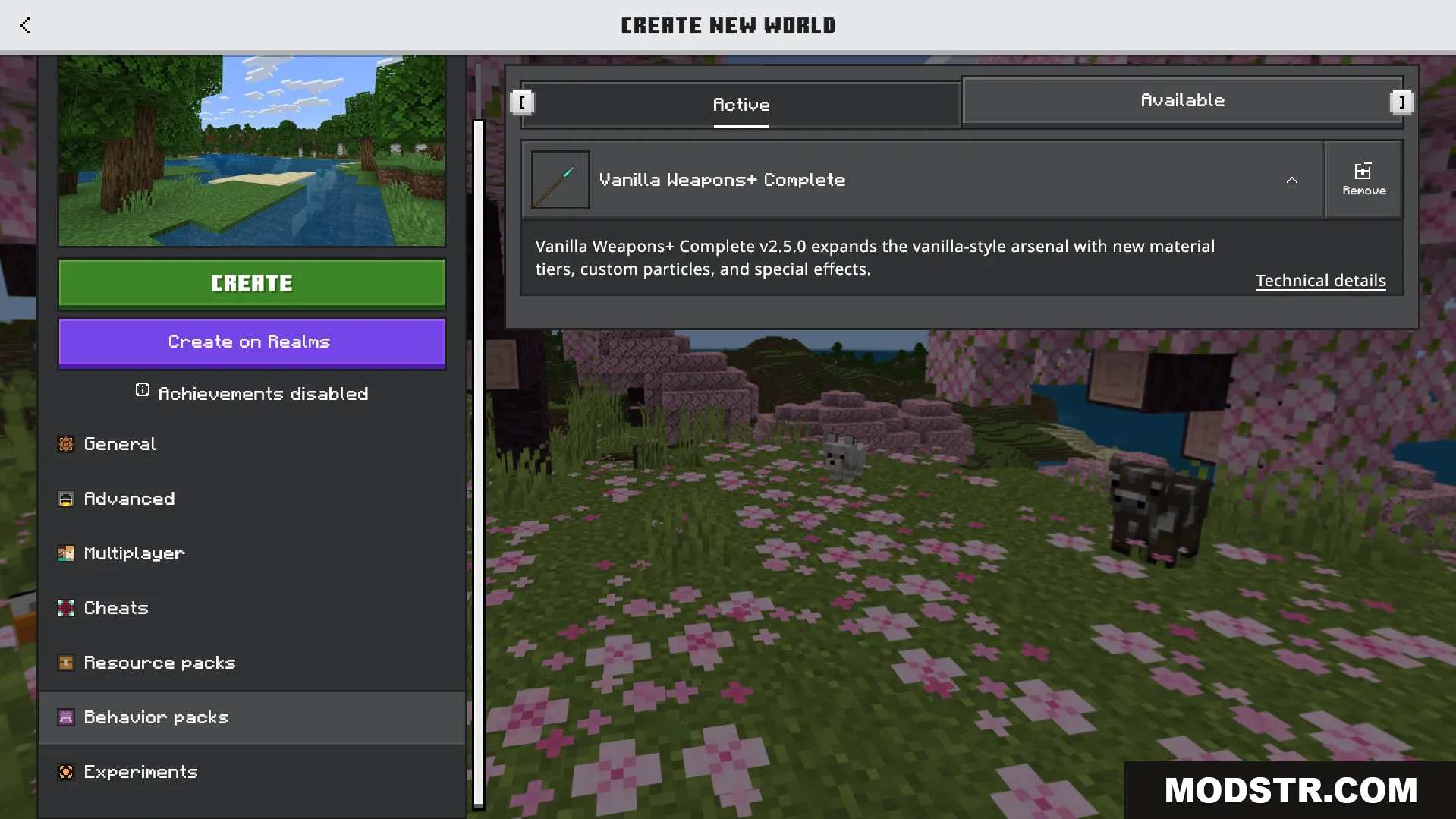 More Vanilla Weapons Complete Addon Screenshot 1 Player activating the new weapons behavior pack in world creation settings menu