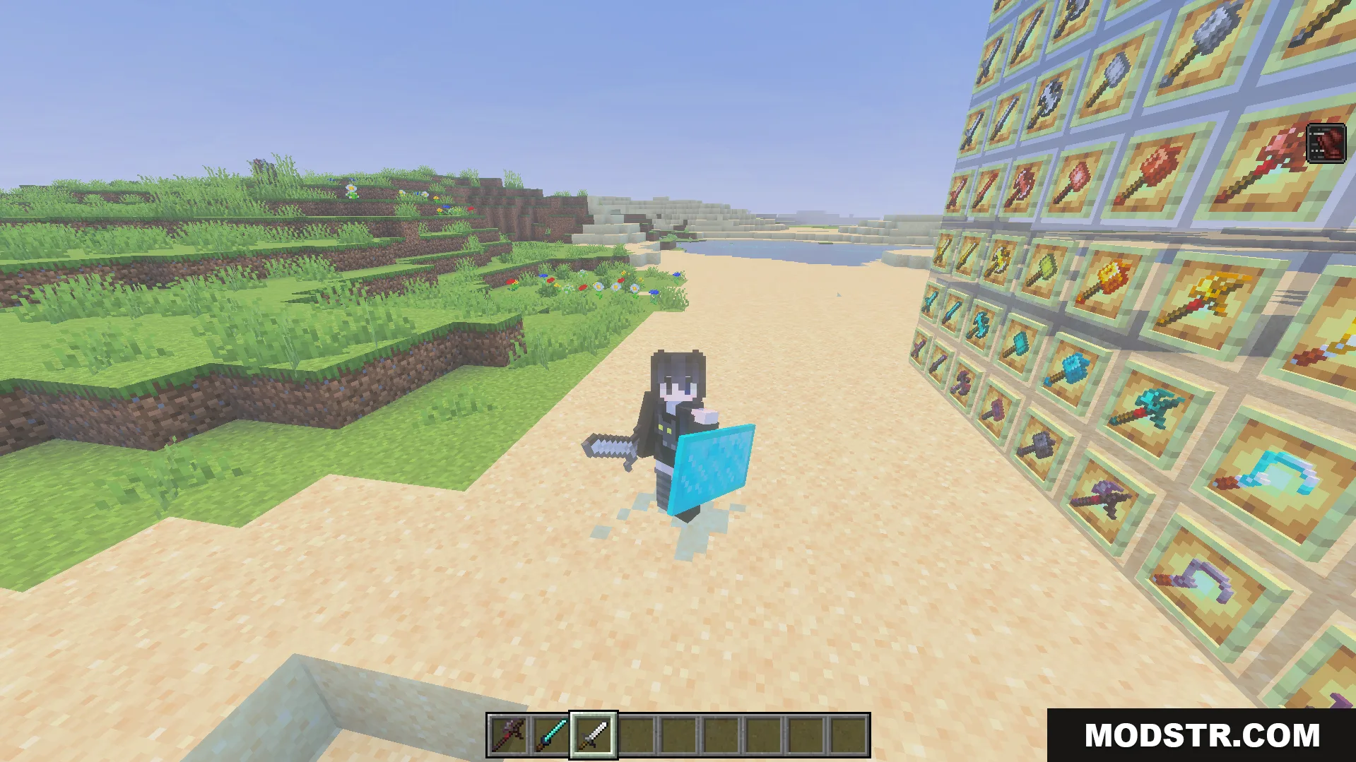 More Vanilla Weapons Complete Addon Screenshot 5 player holding sword and shield beside large wall showing many new weapon types