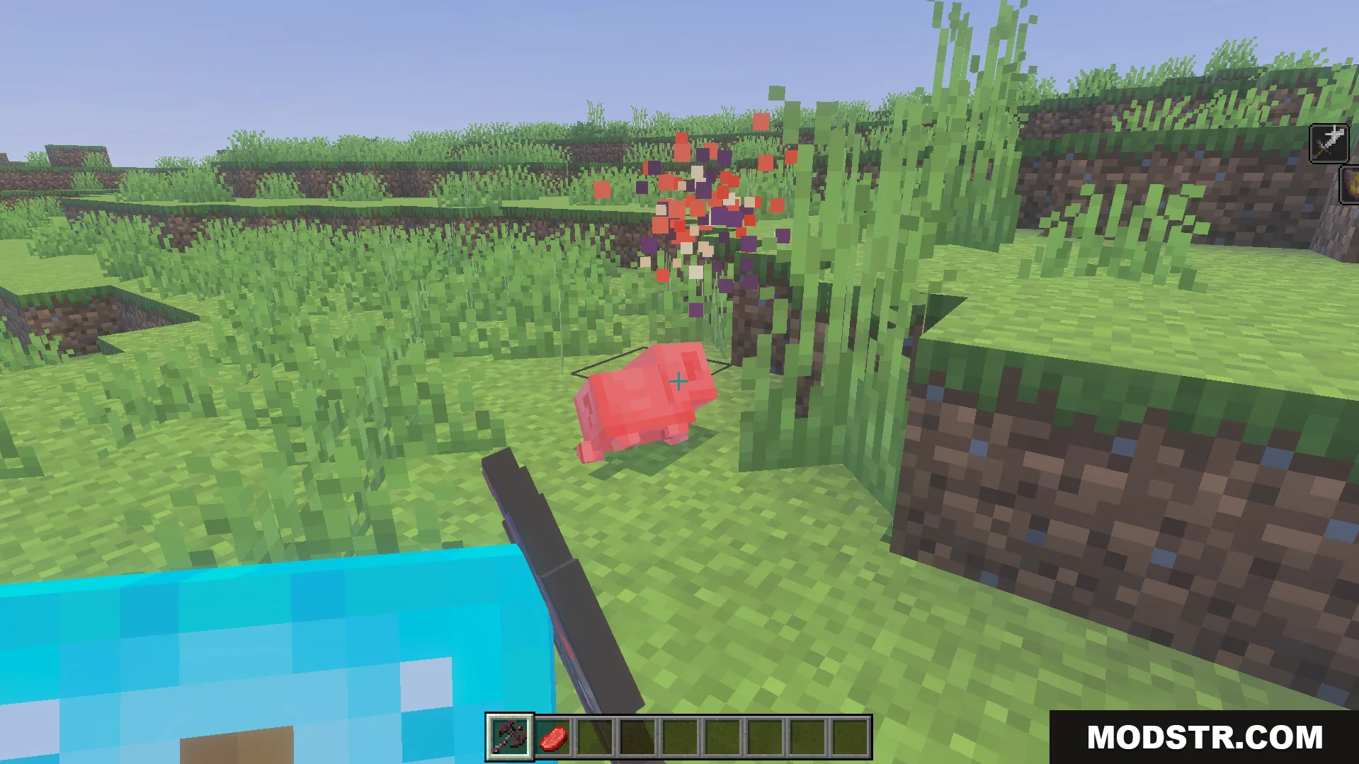 More Vanilla Weapons Complete Addon Screenshot 7 Player hitting a pig with a new weapon showing custom particle effects