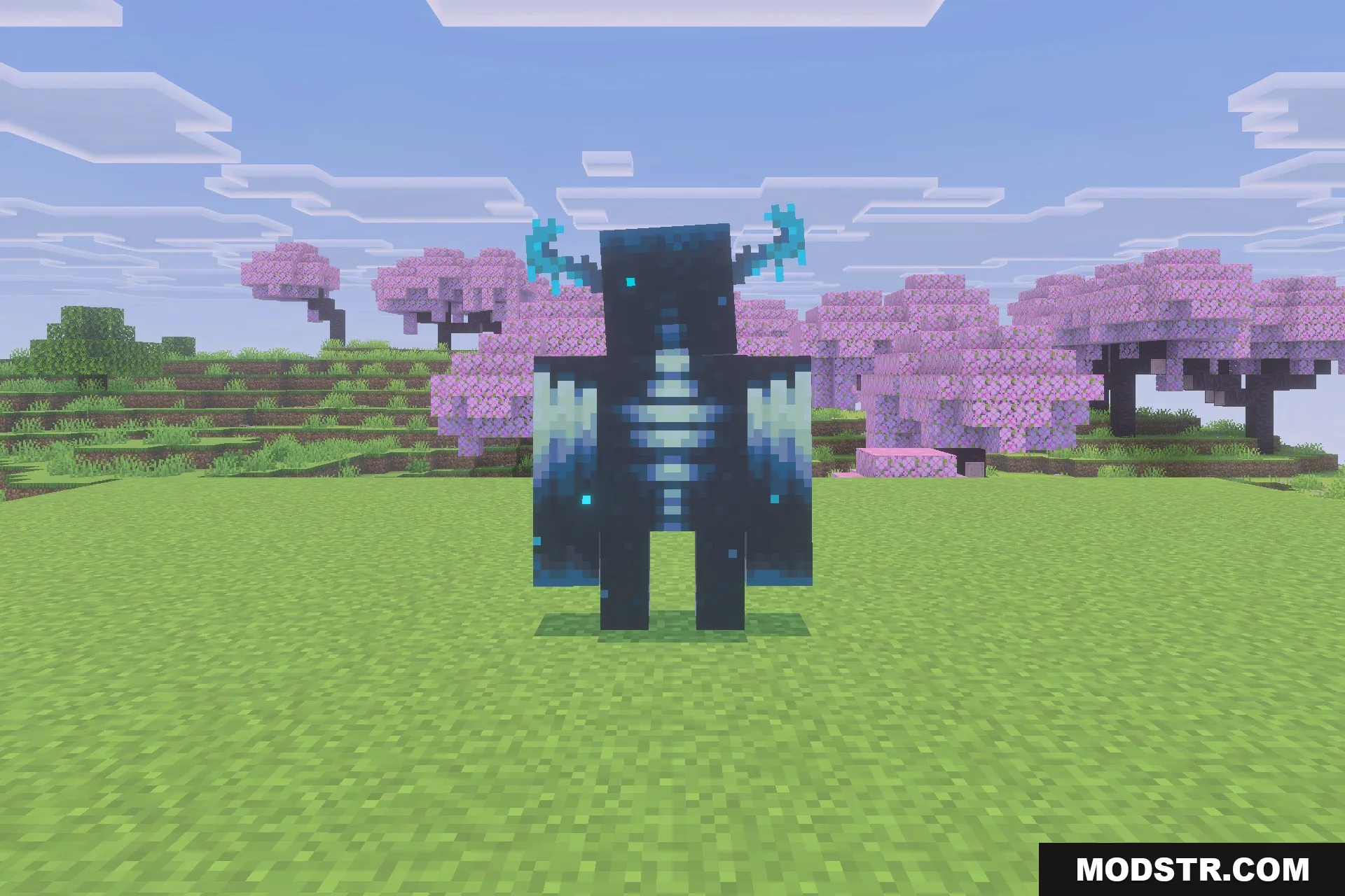 Morph Into Mobs Addon Screenshot 1 A player transformed into a Warden standing in a cherry blossom biome