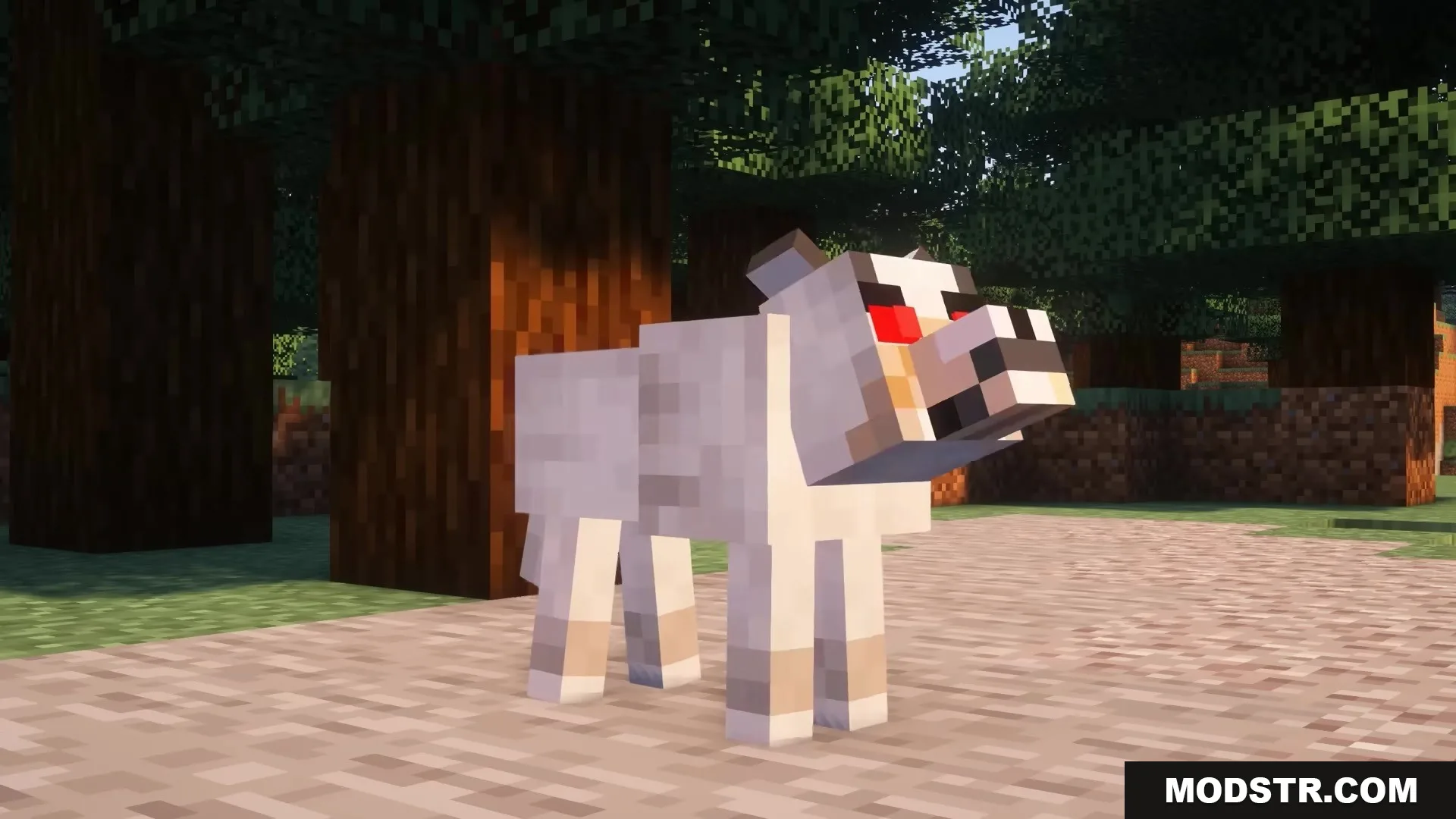 Morphling Mod Screenshot 8 A white wolf with glowing red eyes stands in a sunny forest clearing