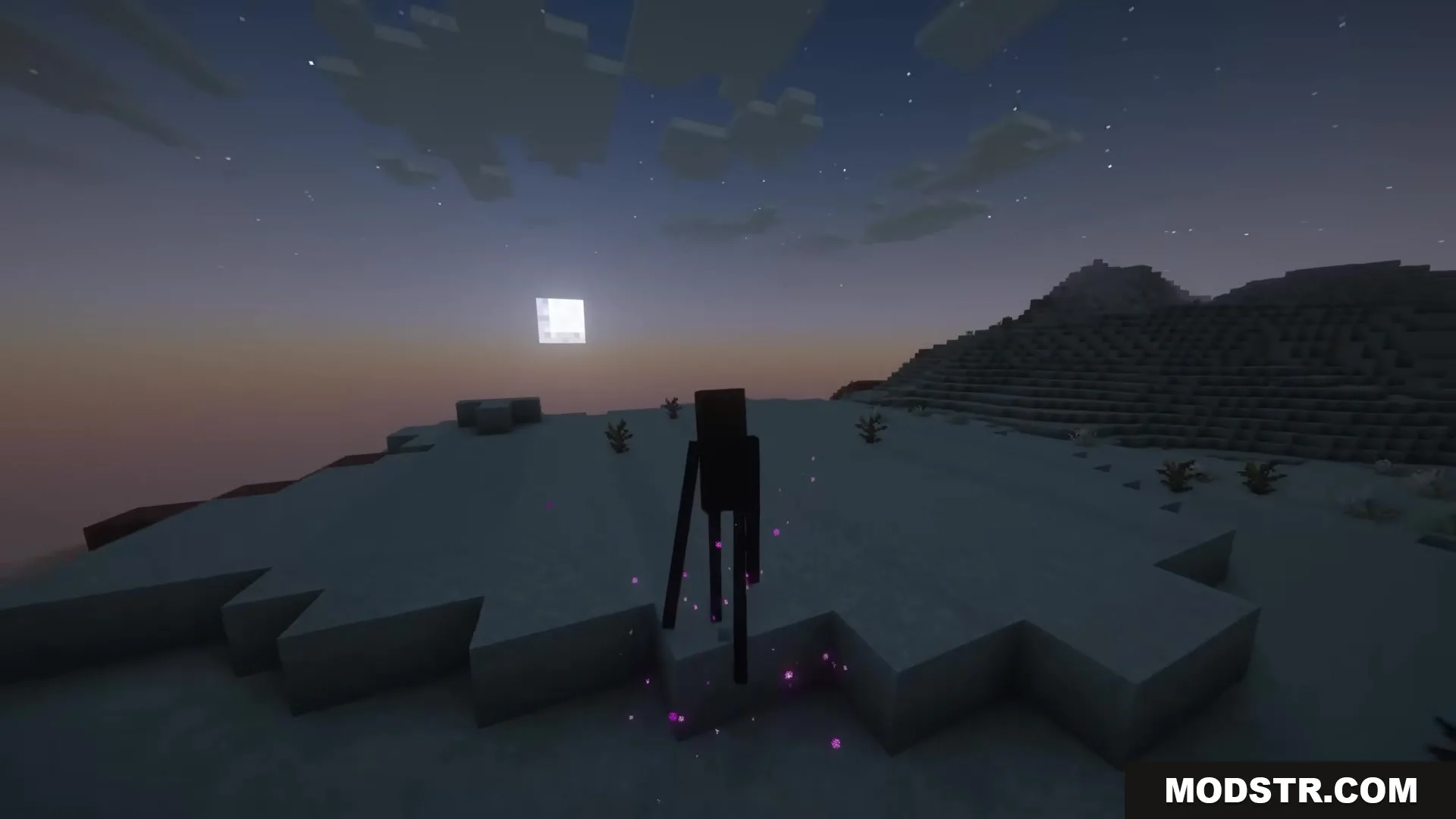 Morphling Mod Screenshot 2 An Enderman stands in a desert at night with glowing purple particles