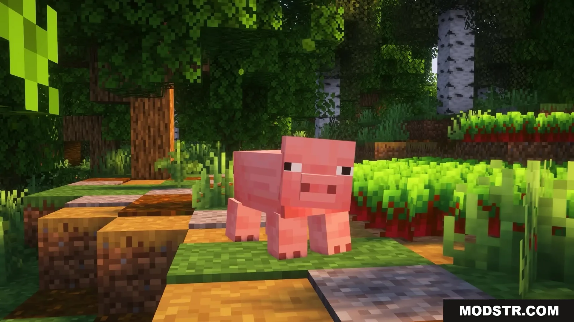 Morphling Mod Screenshot 5 A pink Minecraft pig stands on a colorful block path in a forest