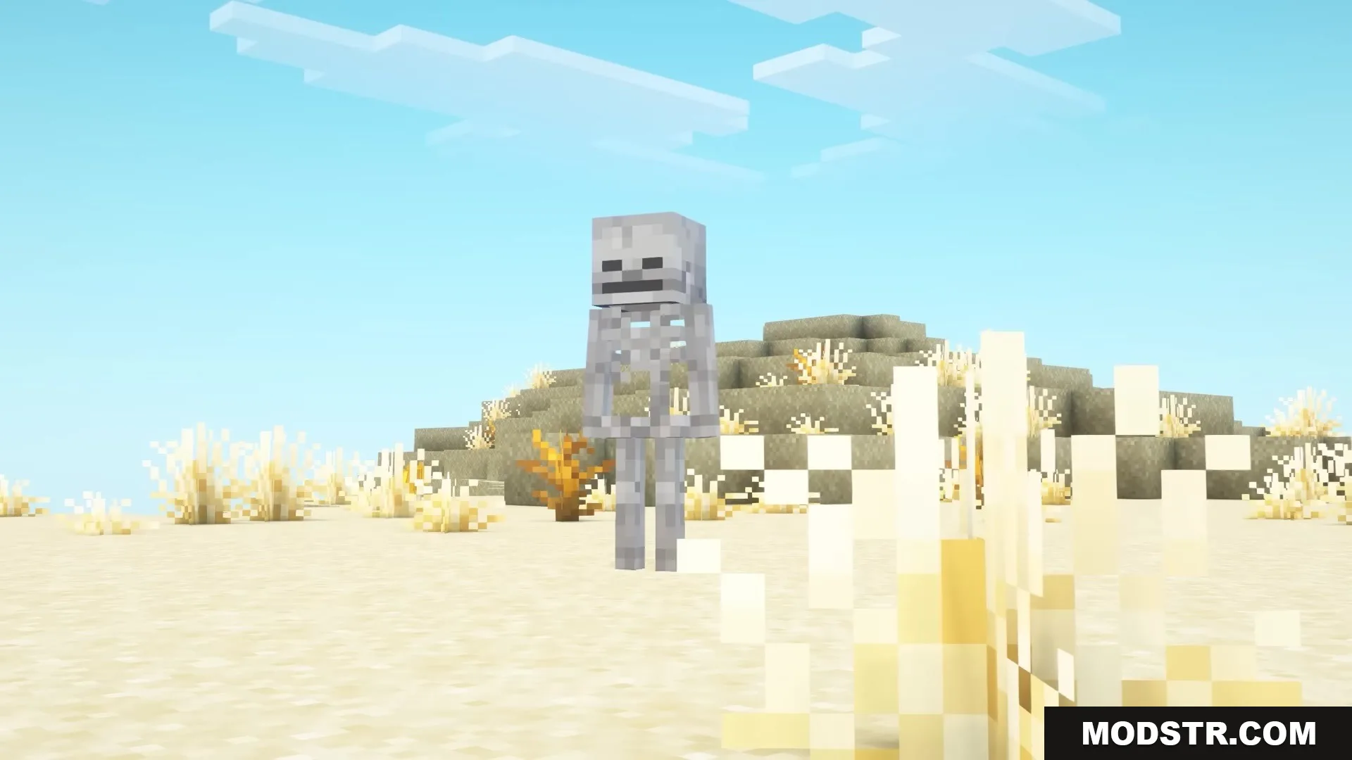 Morphling Mod Screenshot 1 A player transformed into a skeleton standing in a sunny desert biome