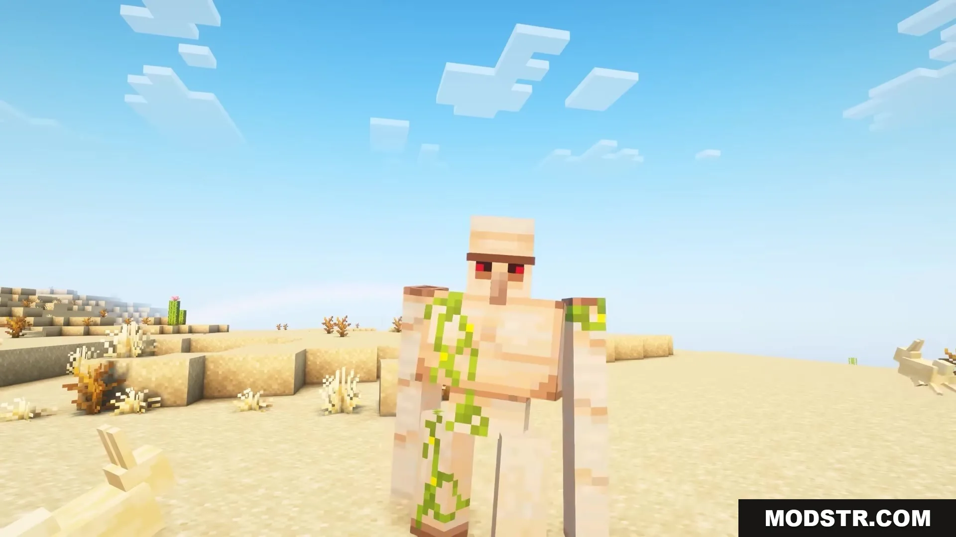 Morphling Mod Screenshot 4 An Iron Golem with red eyes standing in a wide desert landscape