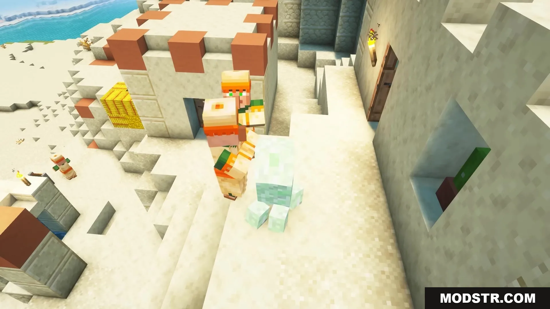 Morphling Mod Screenshot 3 Two desert villagers standing near a small green and white mob