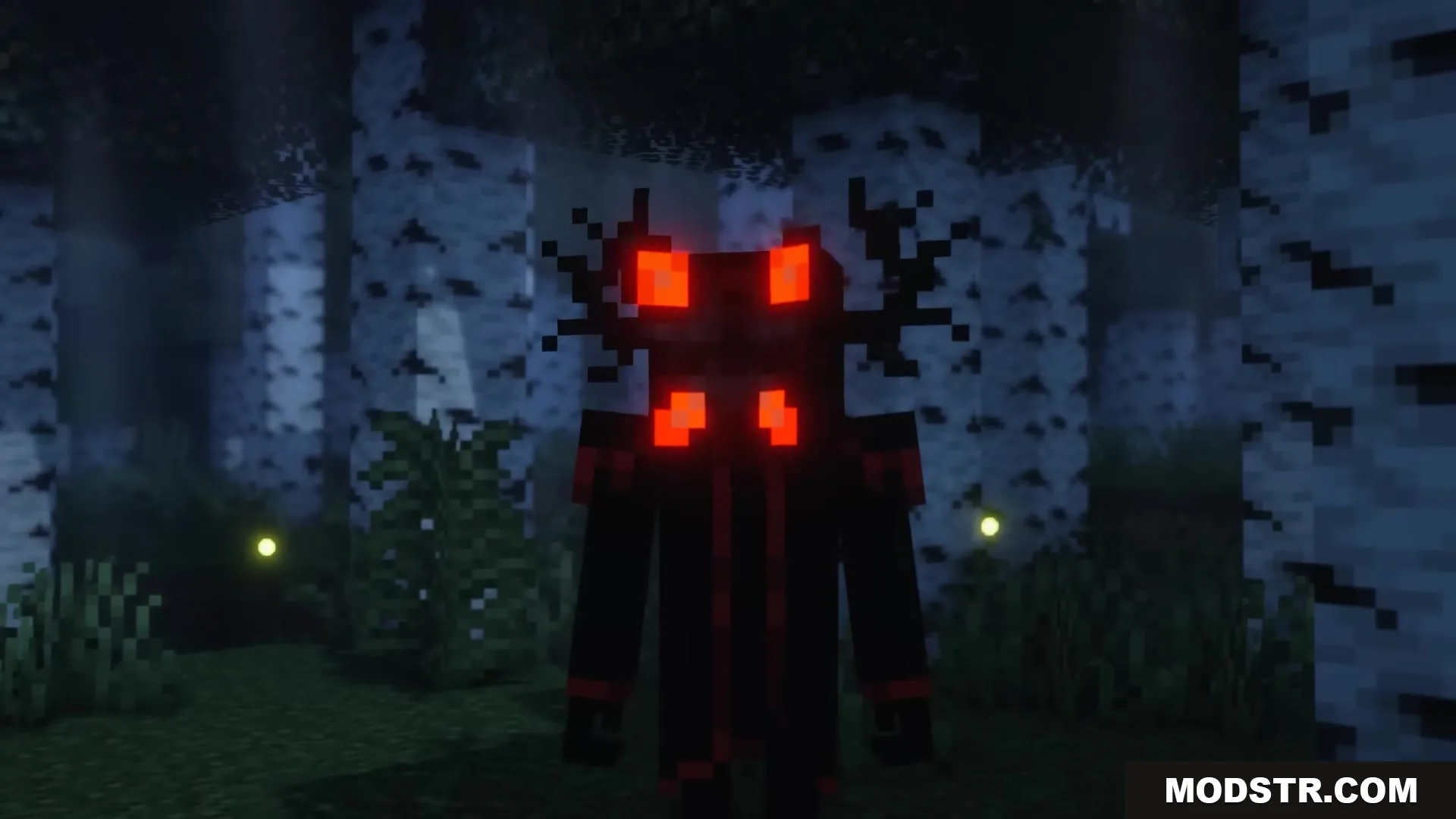 Morphling Mod Screenshot 7 A dark creature with glowing red eyes stands in a birch forest at night