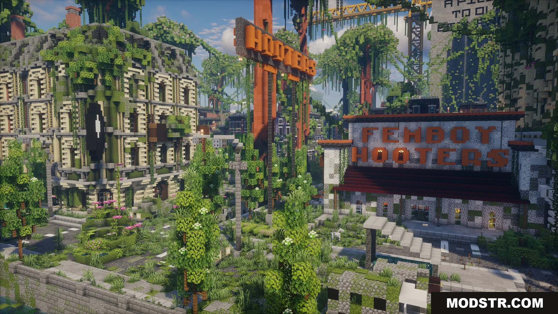 Ruined city streets featuring overgrown Hooters and Femboy Hooters buildings