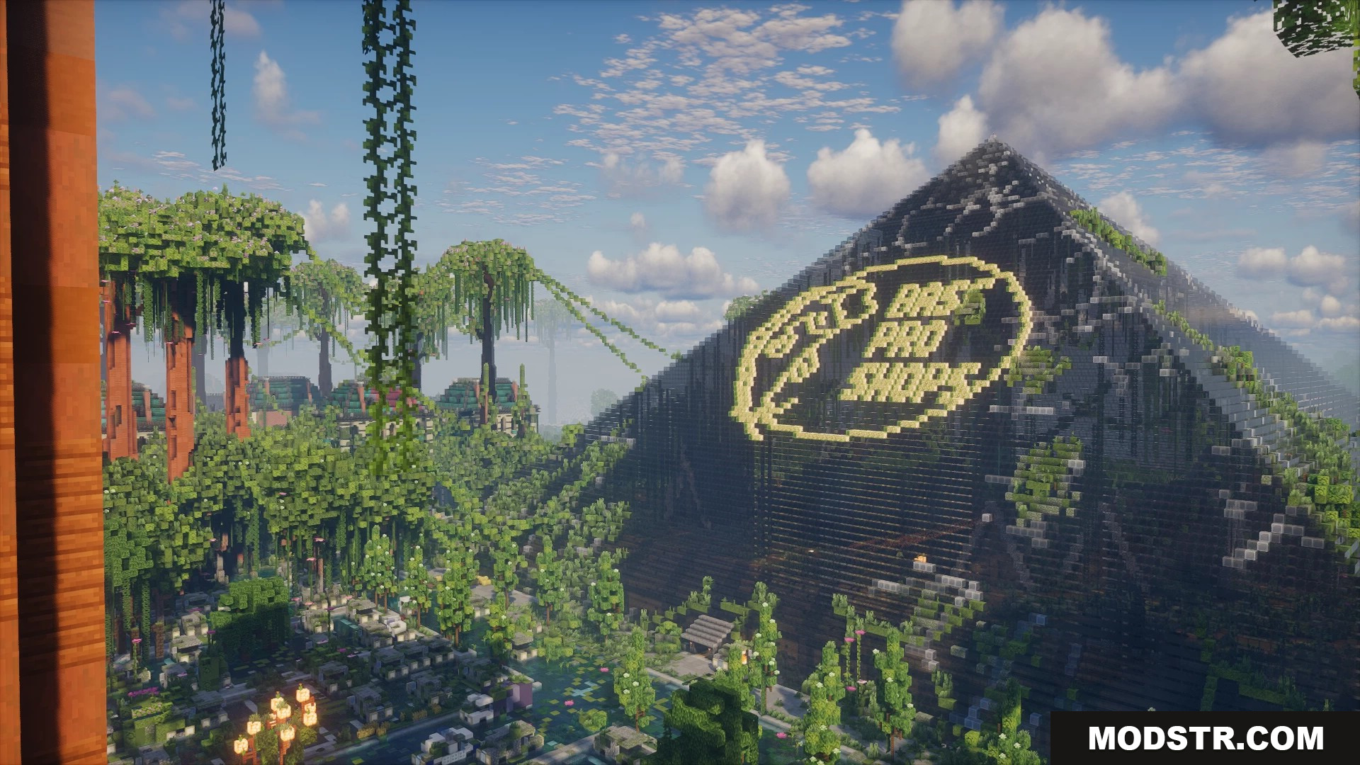 Overgrown pyramid building with Bass Pro Shops logo in ruined city