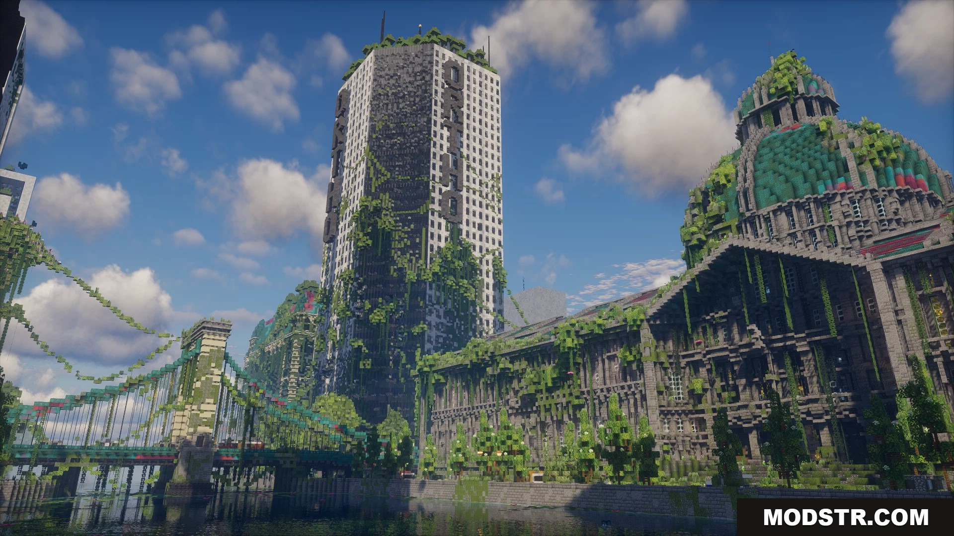 Overgrown ruined city featuring a massive ORTHO skyscraper and domed building