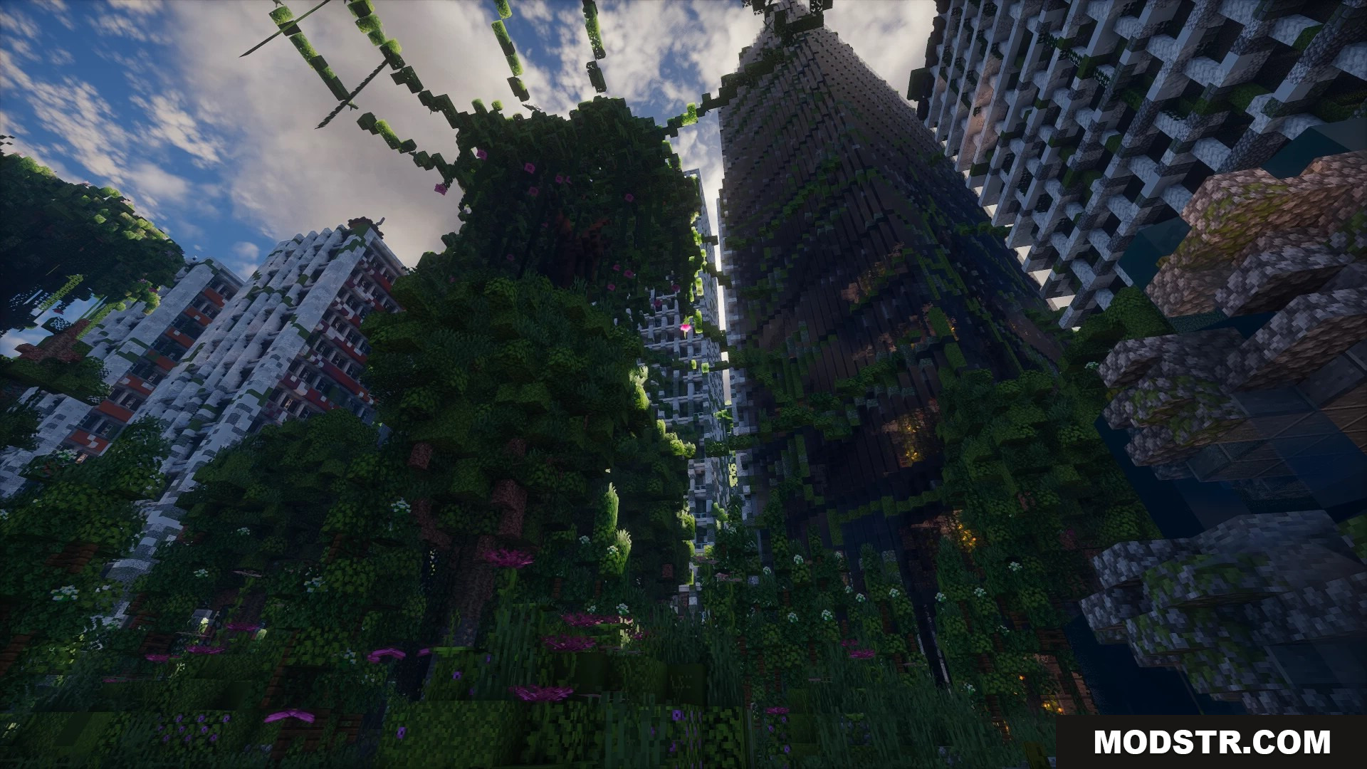 Overgrown ruined city skyscrapers covered in thick green vines and leaves