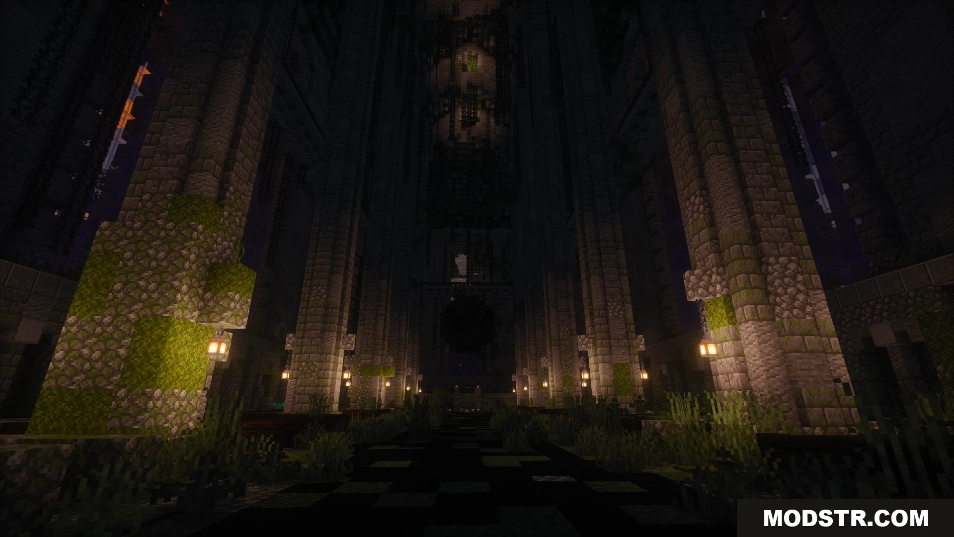 Dark interior hall with tall stone pillars covered in green moss