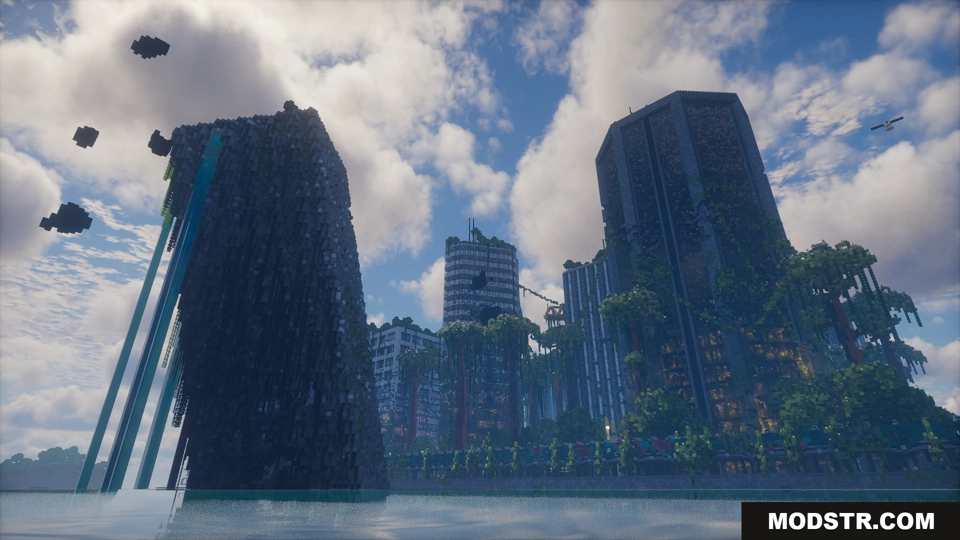 Damaged city skyscrapers beside water with floating sculk blocks in sky