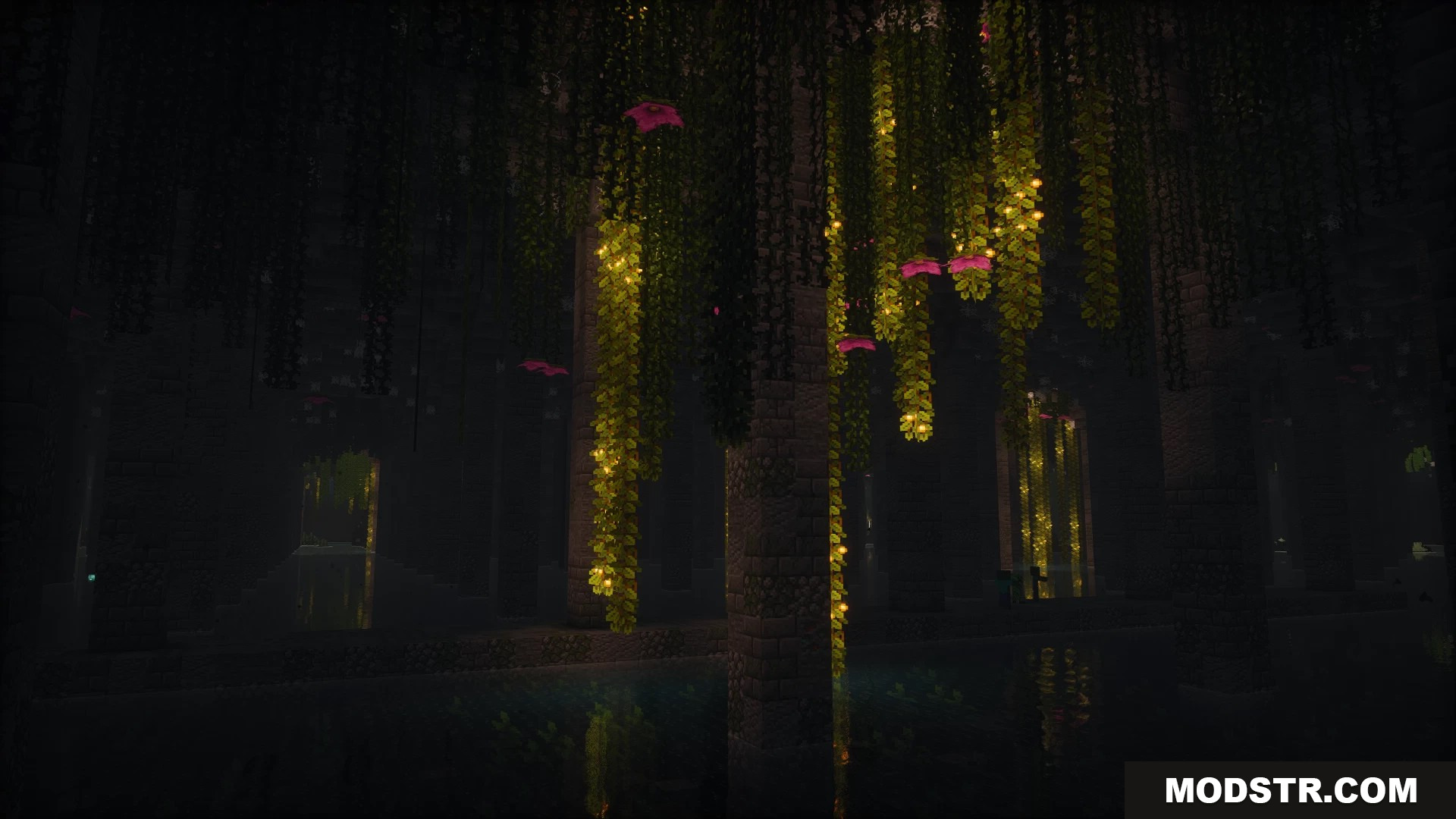 Dark flooded underground area with glowing hanging vines and large pillars