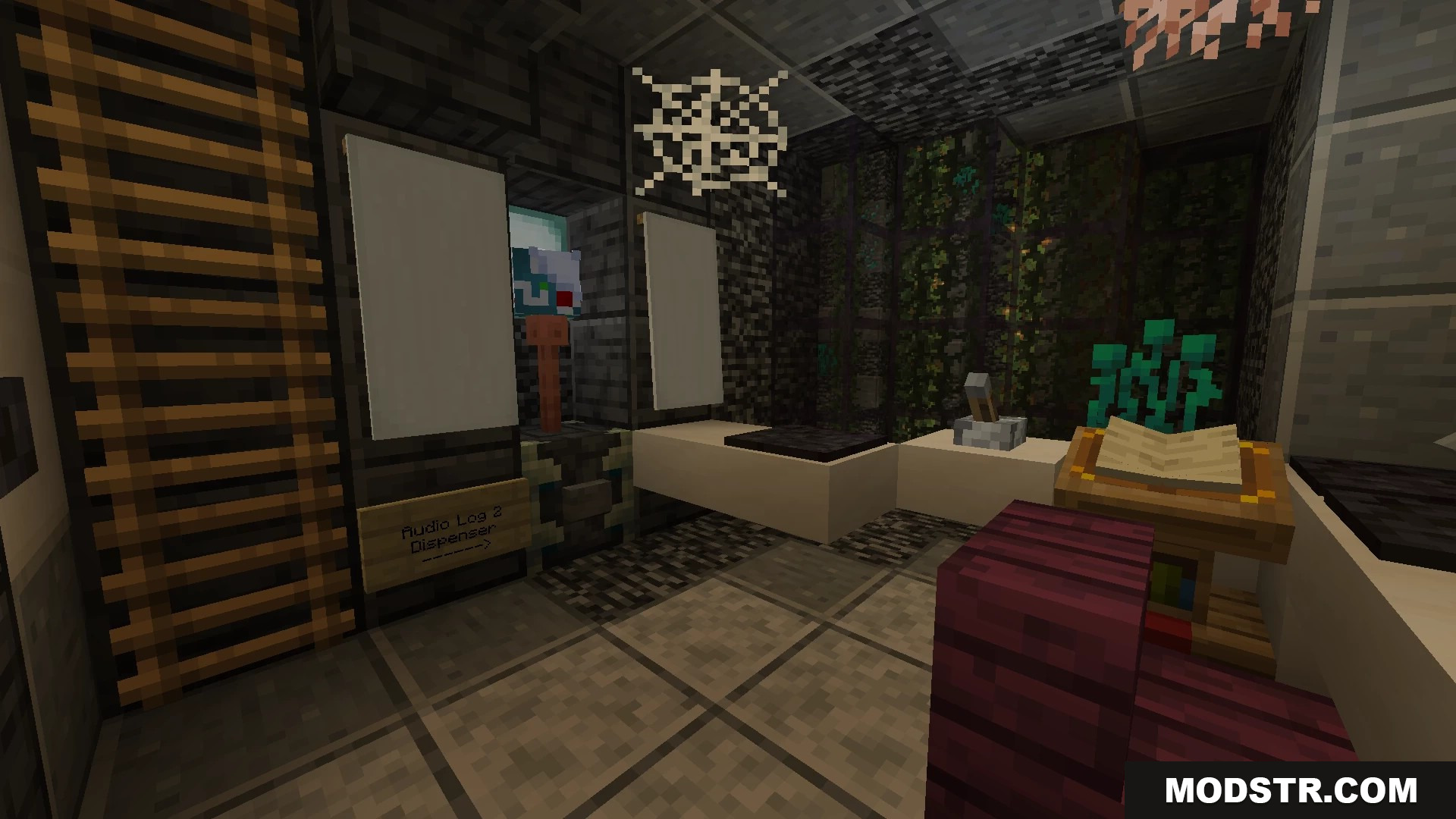 Reading lore from an audio log dispenser inside a small room