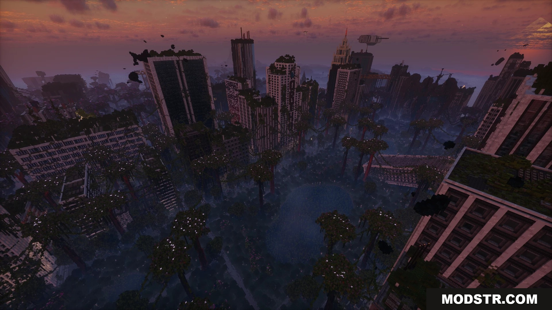 Aerial view of the ruined overgrown city with floating sculk blocks