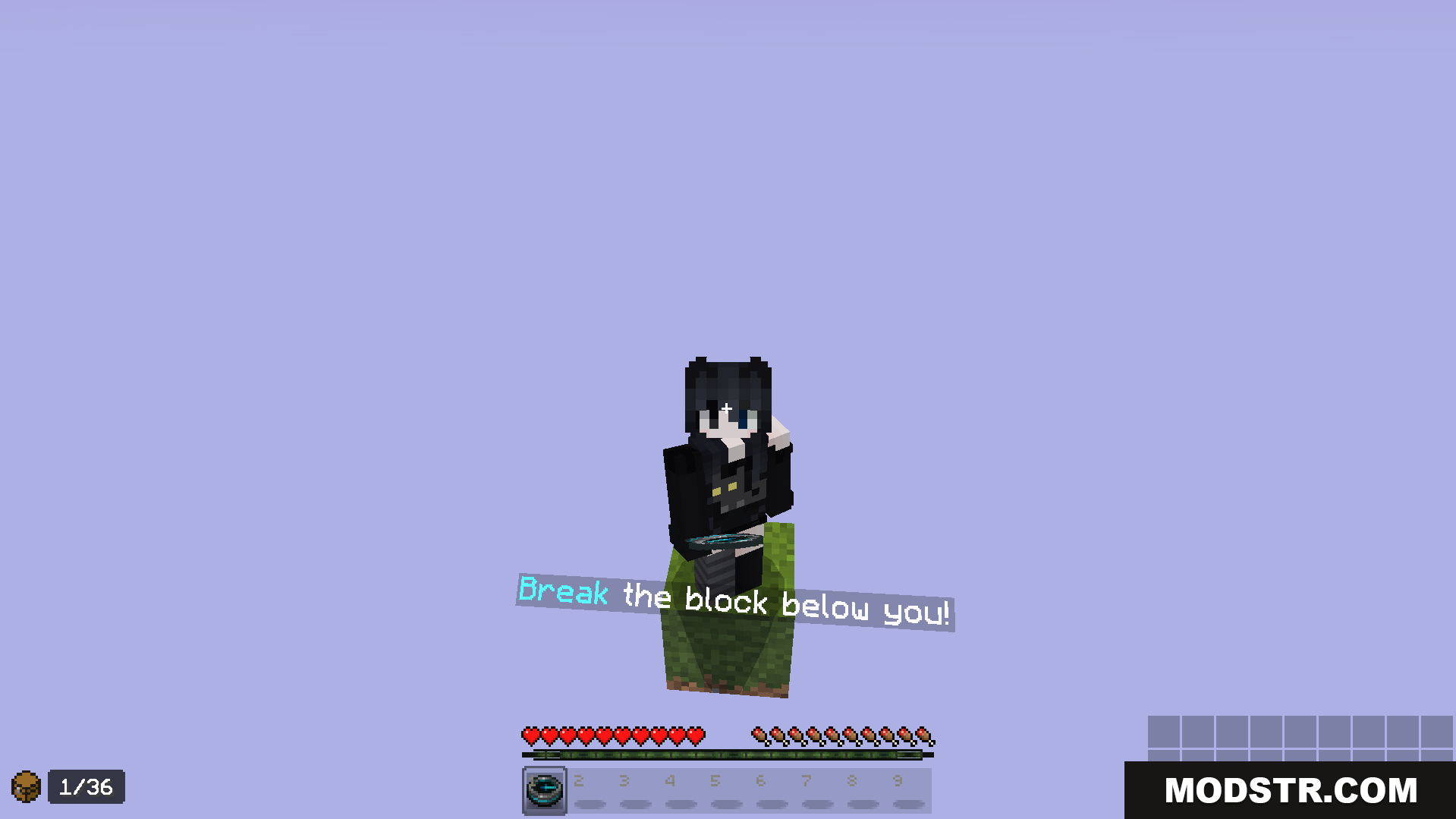 A player stands on a single block in the sky
