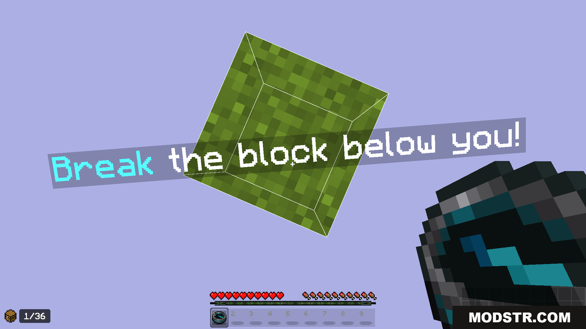 A single floating grass block with instructions to break it