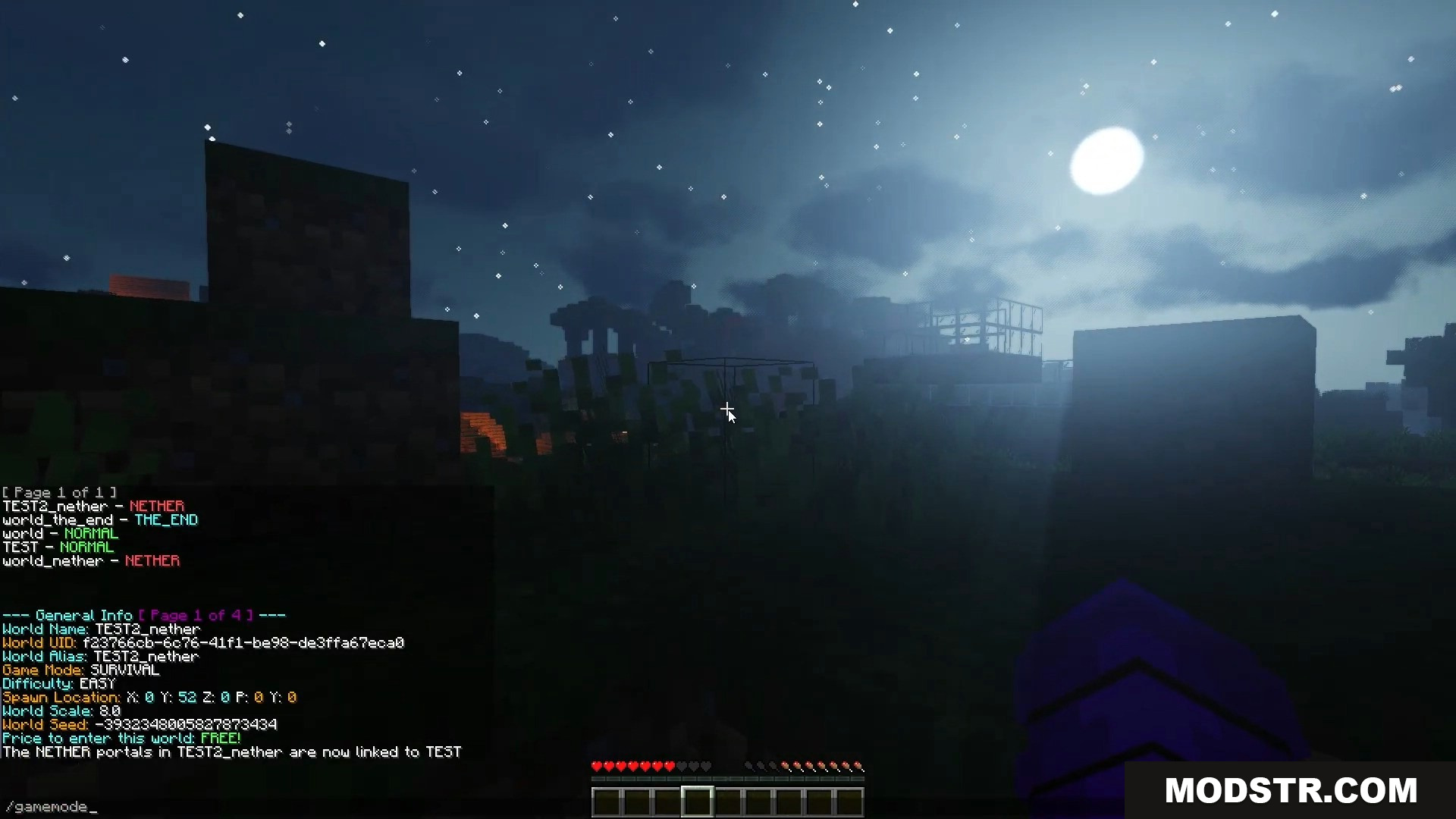 Player in Overworld at night with portal linking message in chat
