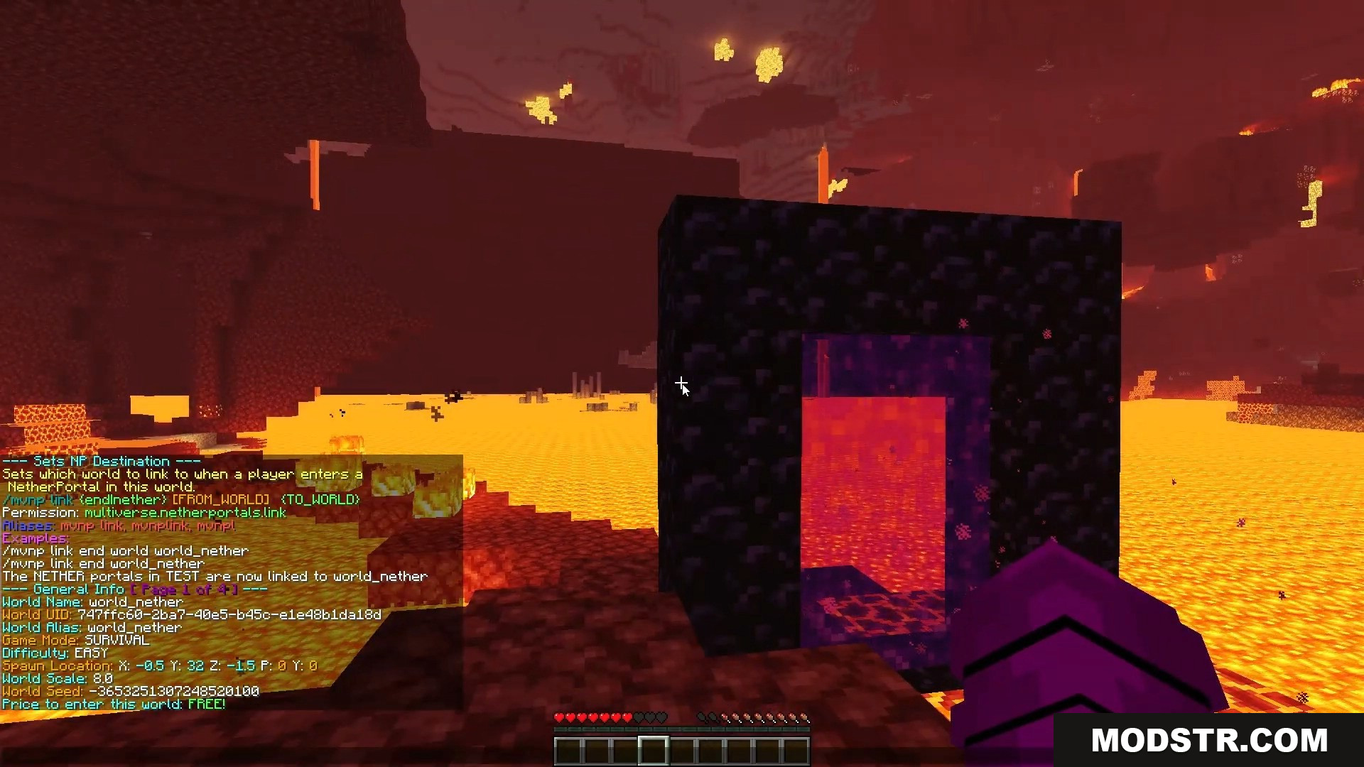 Player in the Nether standing near a lit obsidian portal block
