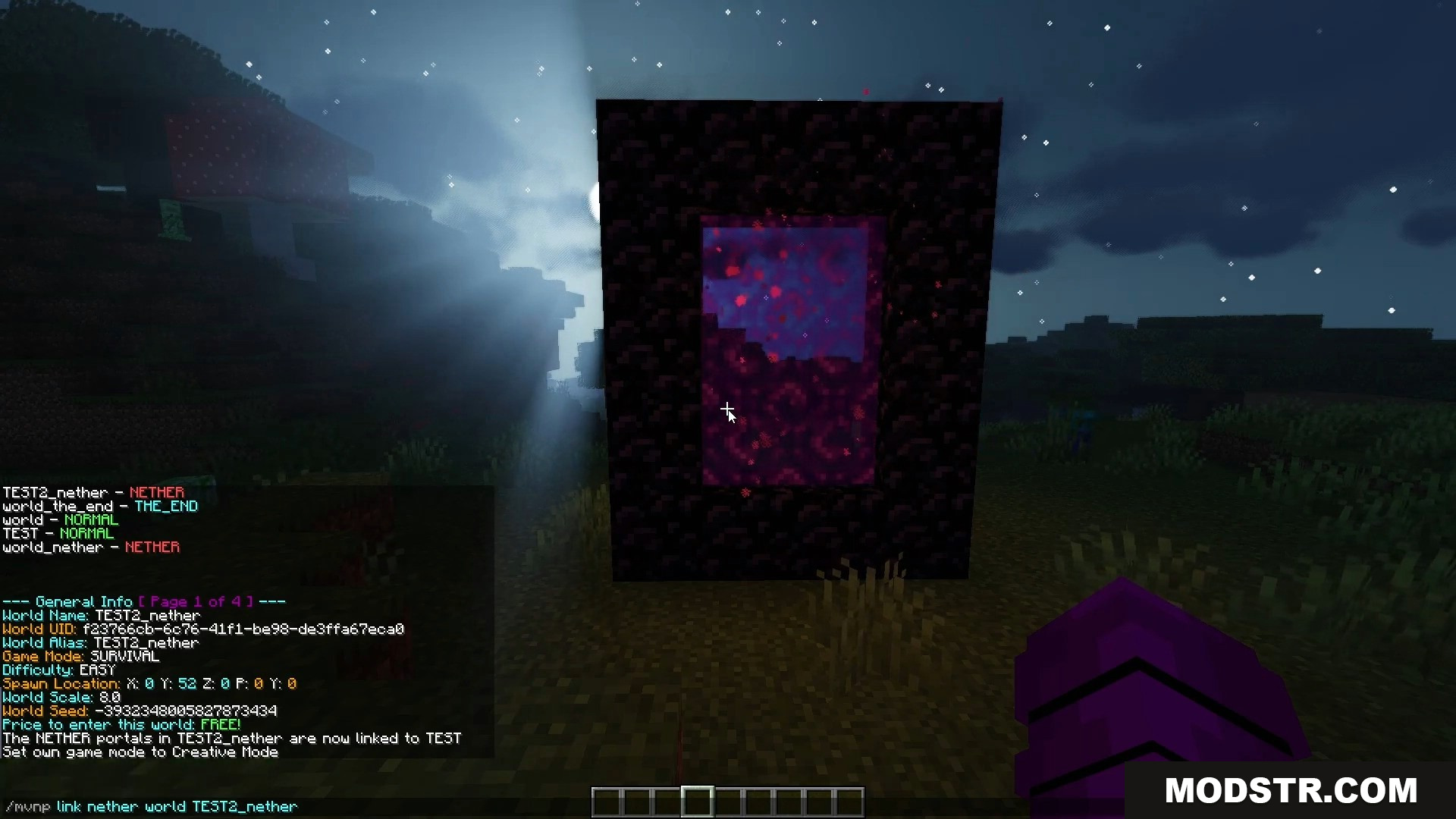 Player typing Multiverse Netherportals commands to link different game worlds