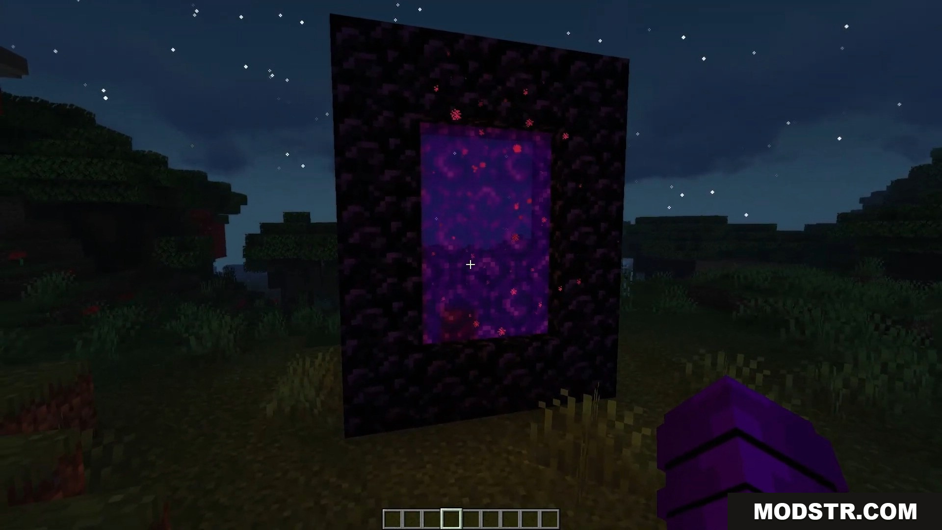 Lit obsidian nether portal standing in a grassy field at night