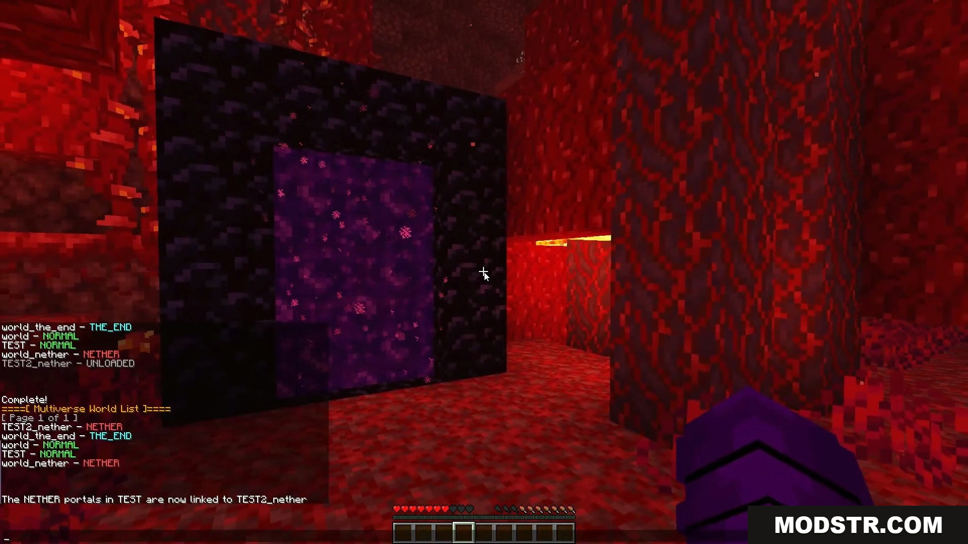 Player viewing Nether portal with Multiverse world list displayed in chat