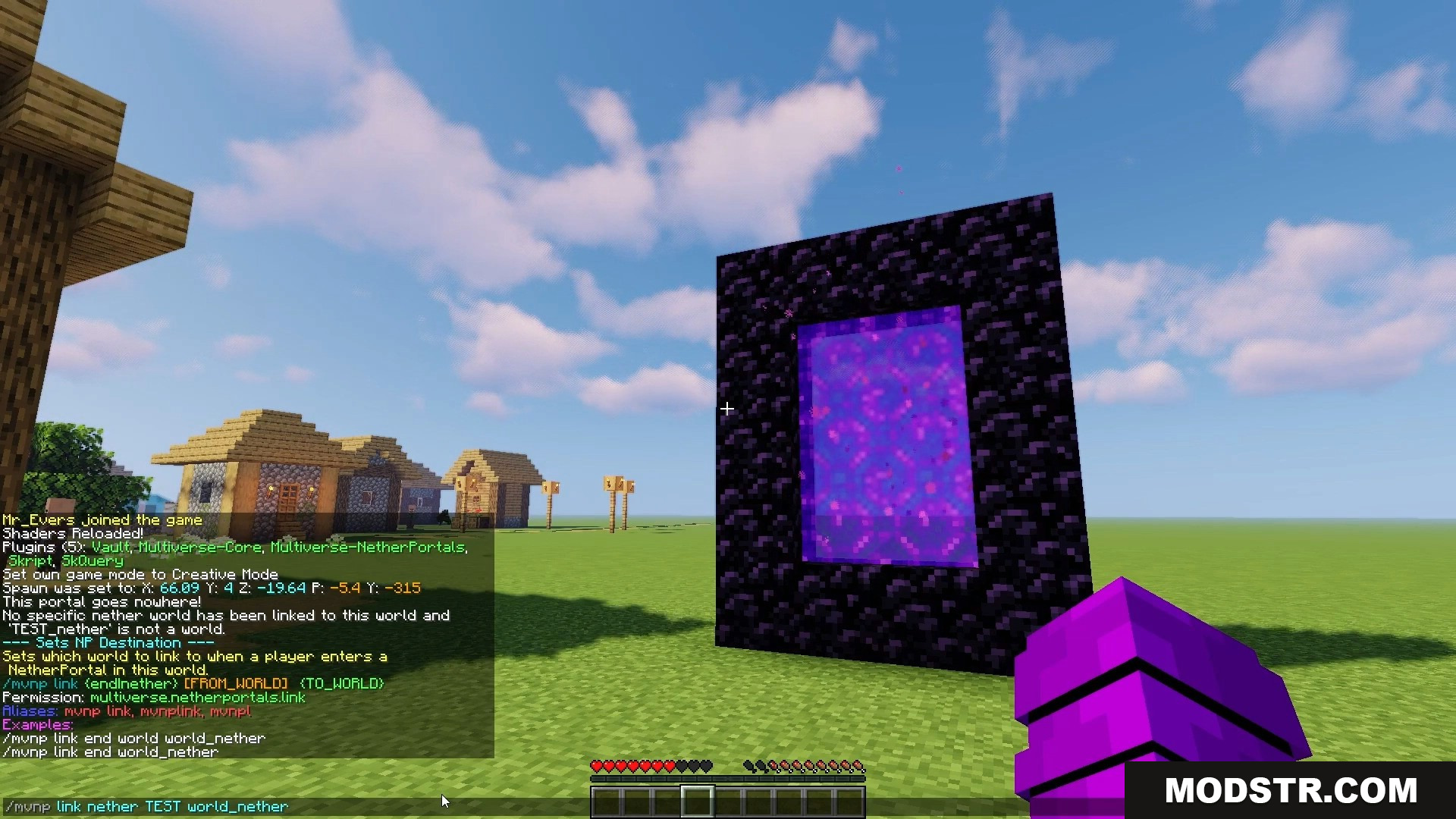 Player using Multiverse Netherportals command to link worlds in chat