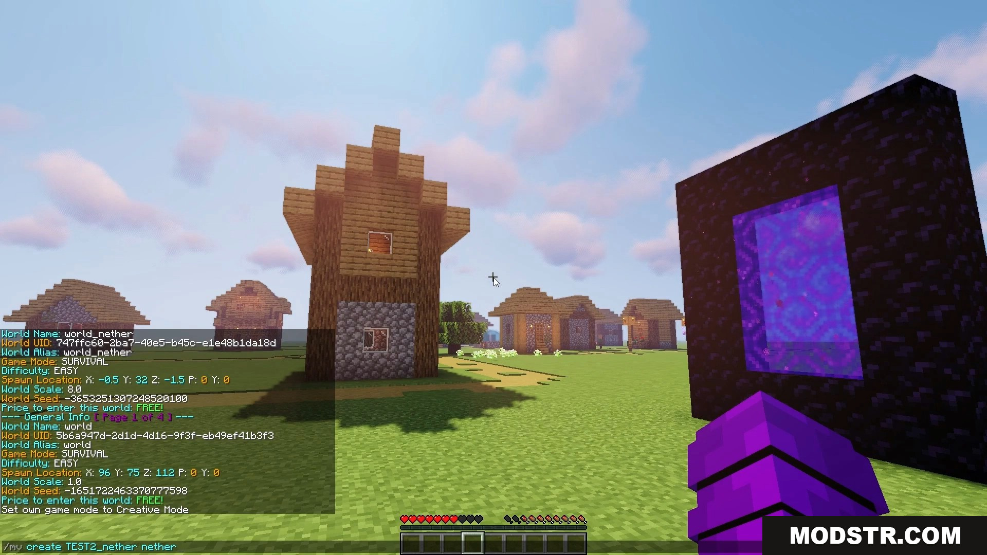 Player in Overworld village standing next to an active Nether portal