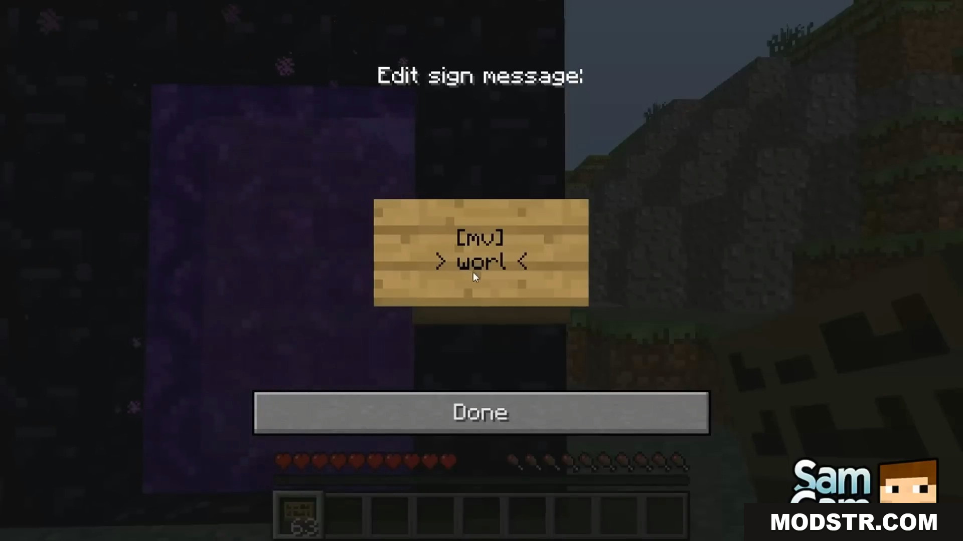 Typing world name on the sign to set portal destination