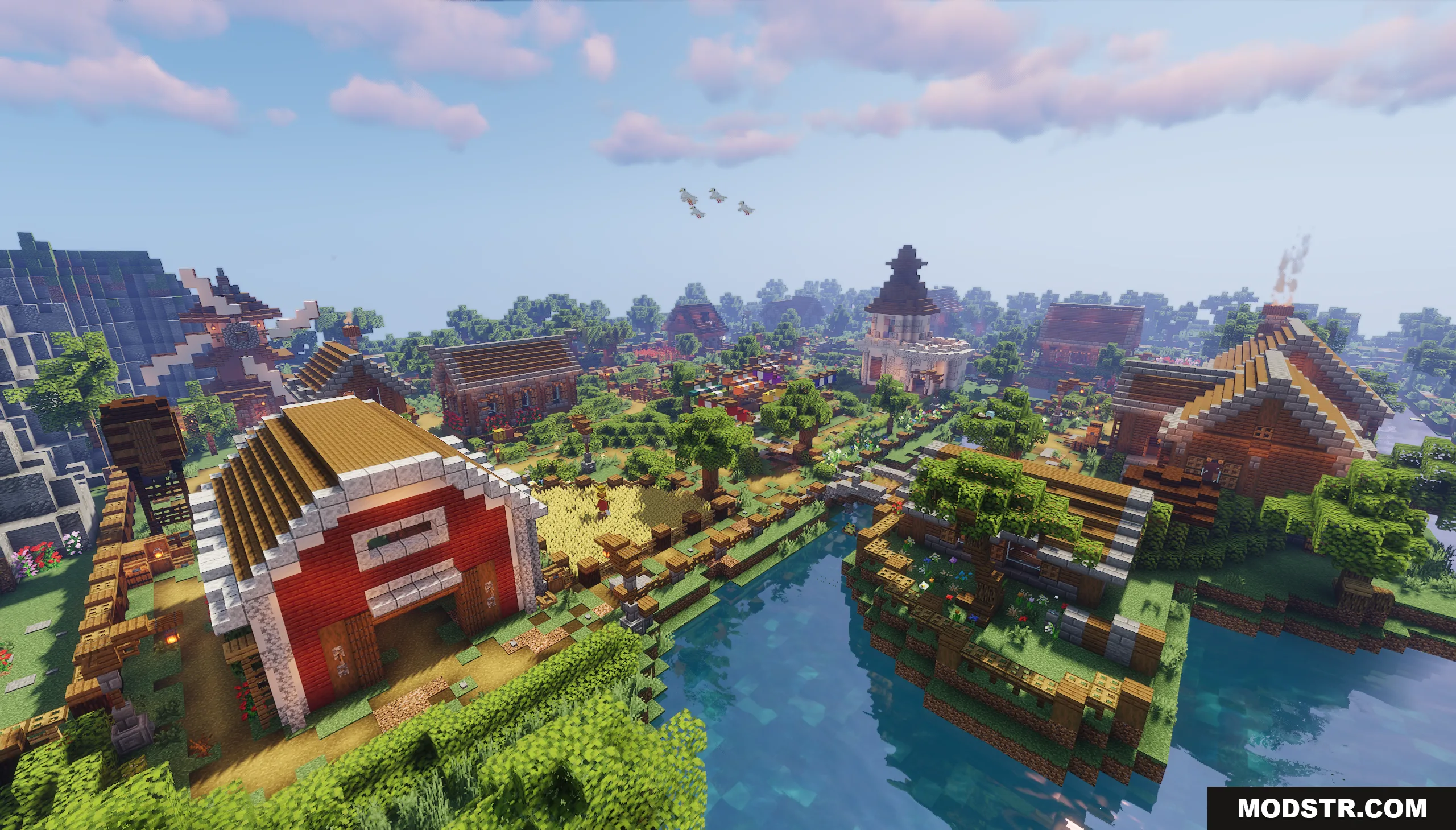 Scenic view of a Minecraft village with a red barn and a river